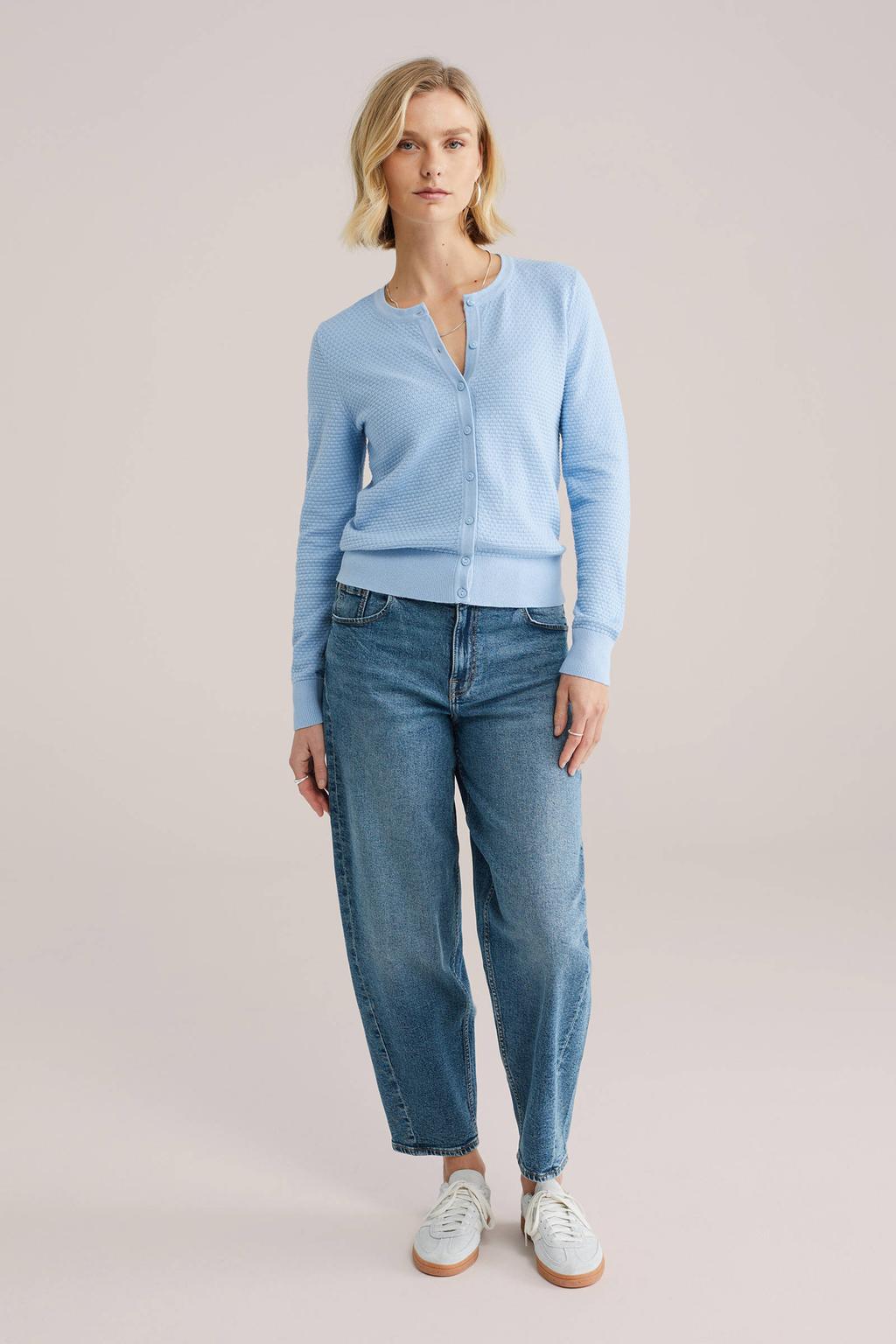 Lichtblauwe dames WE Fashion gebreid vest van katoen met effen, lange mouwen, ronde hals en knoopsluiting