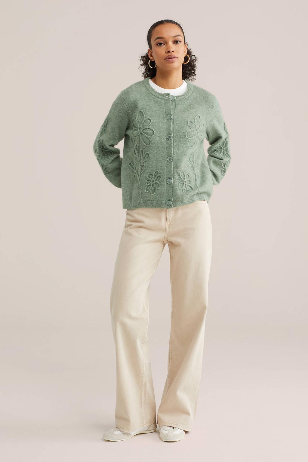 Groene dames WE Fashion gebloemde vest met lange mouwen, ronde hals, knoopsluiting en borduursels