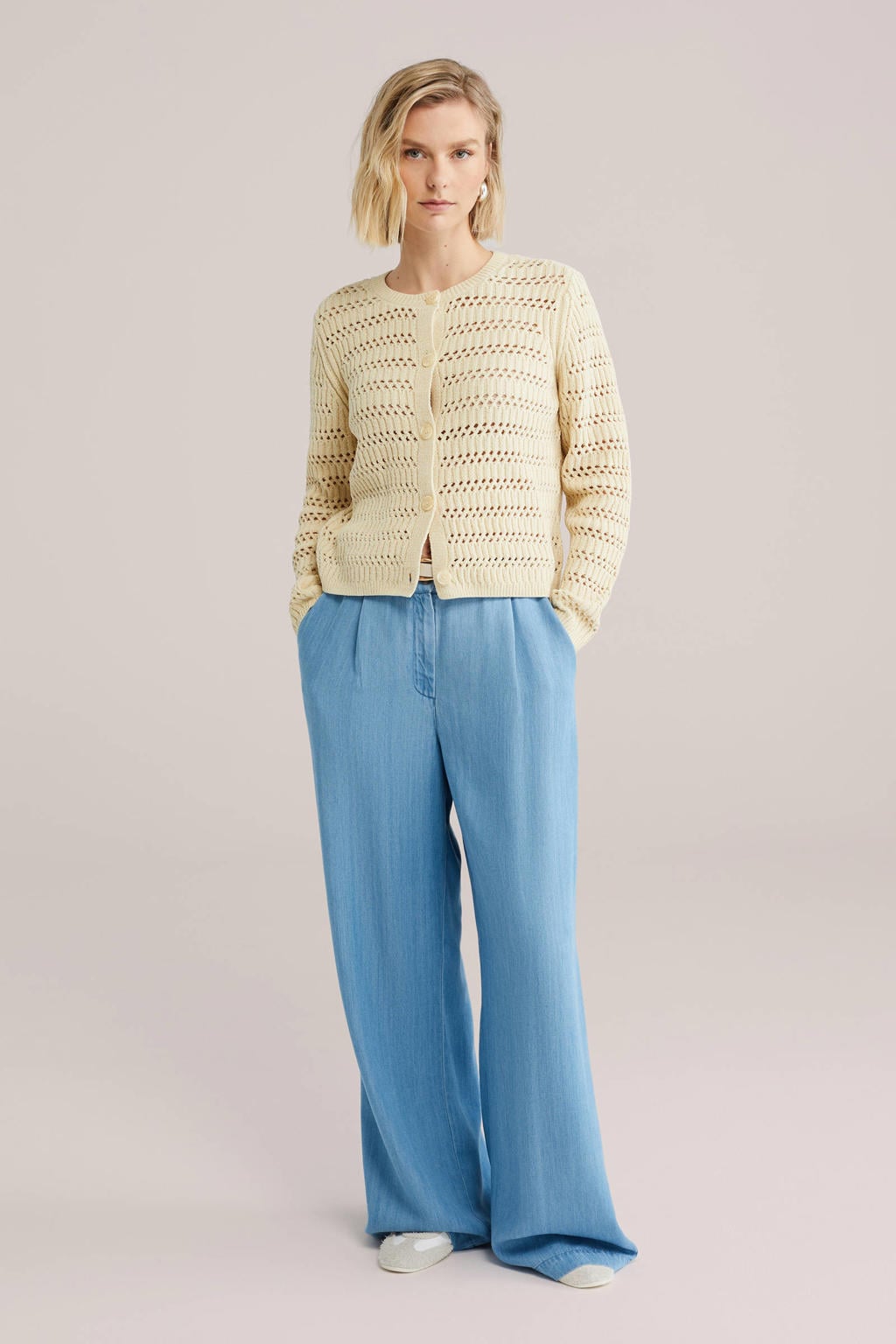 Lichtgele dames WE Fashion gebreid vest met effen, lange mouwen, ronde hals en knoopsluiting