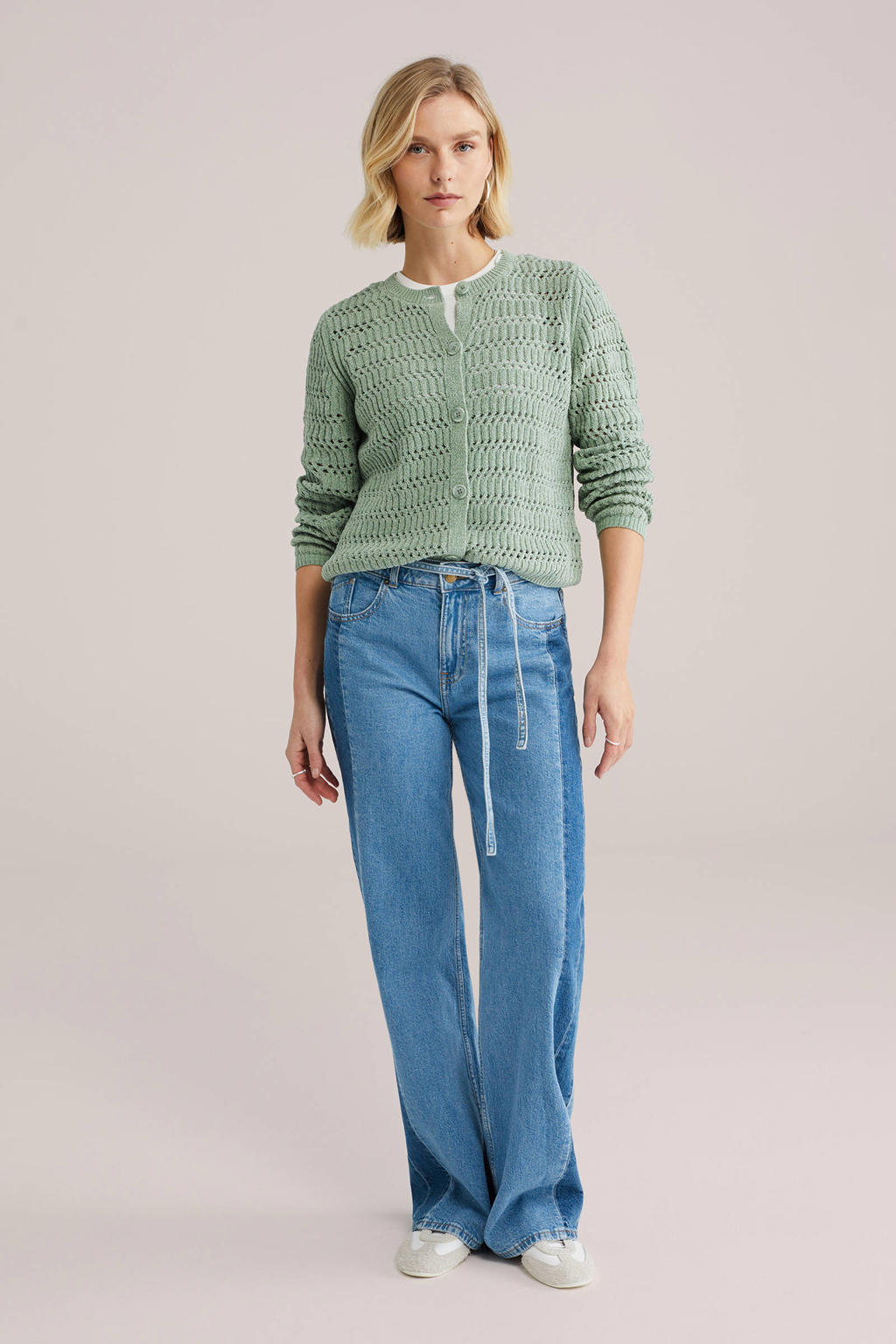 Lichtgroene dames WE Fashion gebreid vest met effen, lange mouwen, ronde hals en knoopsluiting