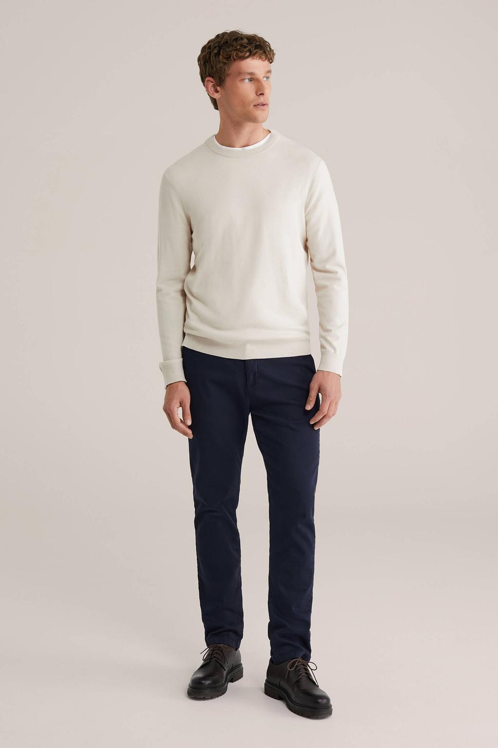 Beige heren WE Fashion trui fijn gebreid van katoen met effen, lange mouwen en ronde hals
