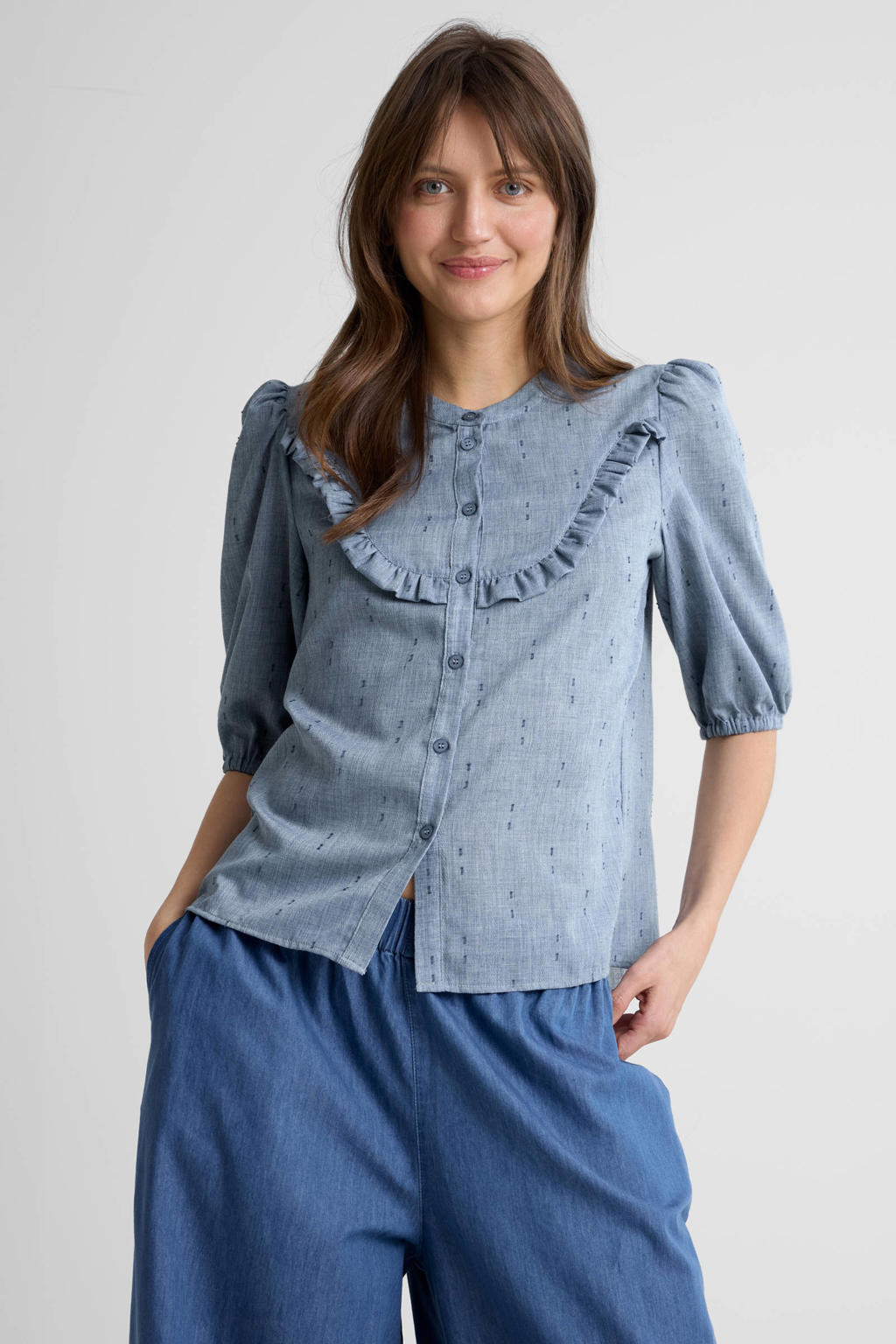 Blauwe dames Anytime blouse van polyester-katoen met effen, half lange mouwen, mao kraag, knoopsluiting en geweven detail