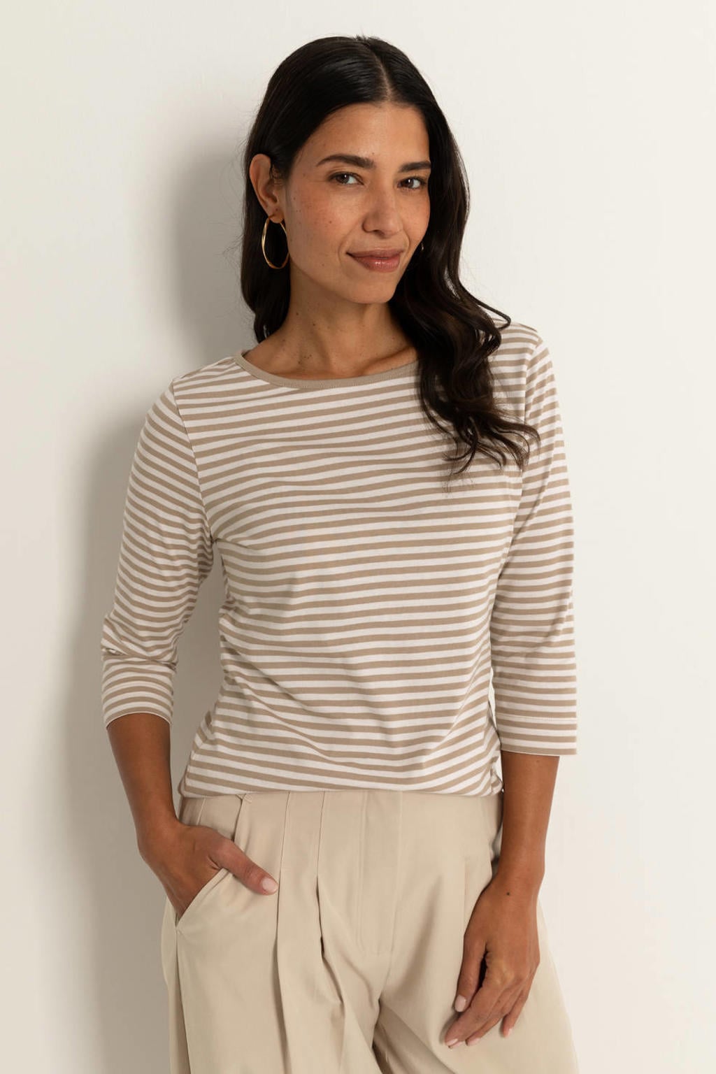 Crème dames CLAUDIA BY CLAUDIA STRÄTER gestreepte top met lange mouwen en boothals