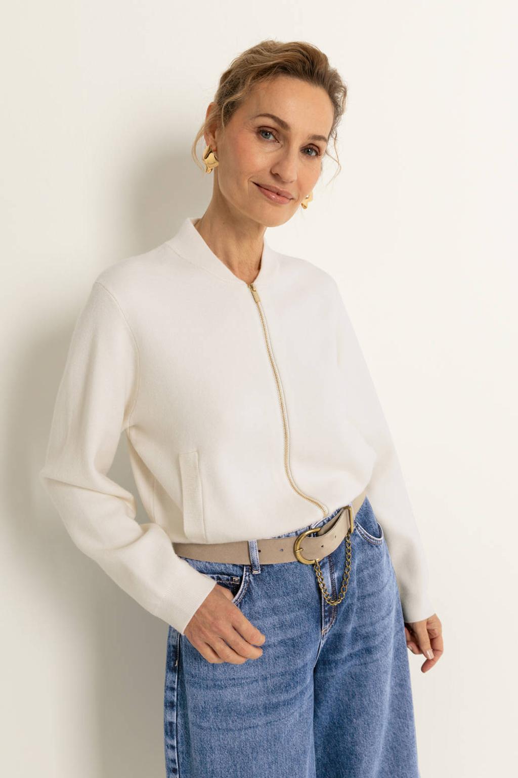 Ivoorkleurige dames CLAUDIA BY CLAUDIA STRÄTER gebreid vest van viscose met effen, lange mouwen, ronde hals en ritssluiting