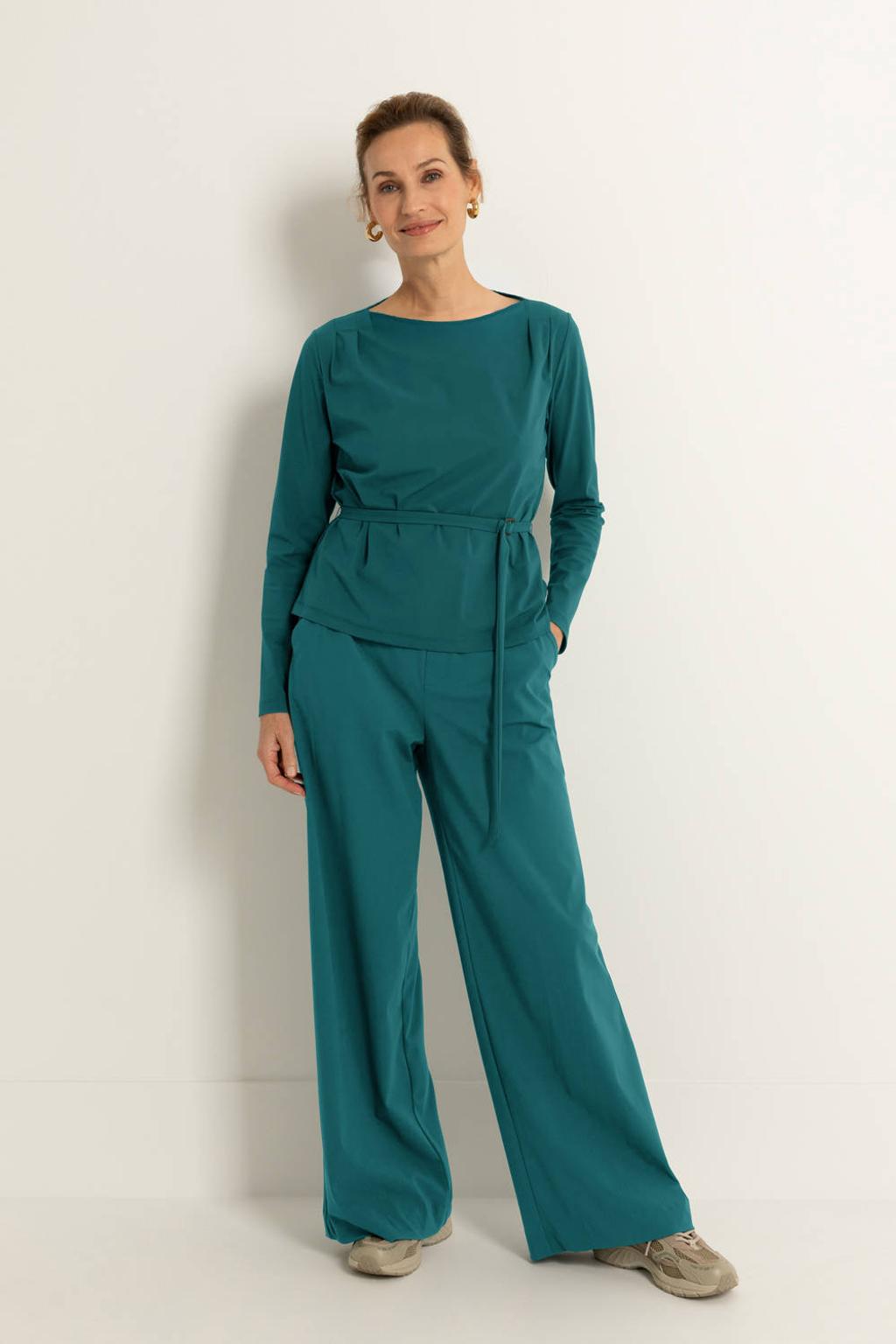 Turquoise dames CLAUDIA BY CLAUDIA STRÄTER travelstof wide leg high waist broek met effen
