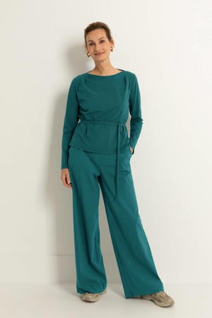 travelstof wide leg high waist broek petrol