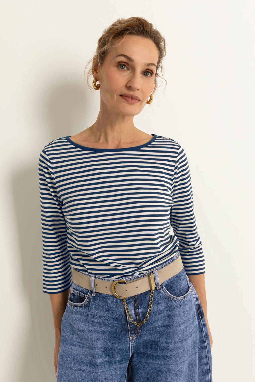 Dark blue denim dames CLAUDIA BY CLAUDIA STRÄTER gestreepte top met lange mouwen en boothals