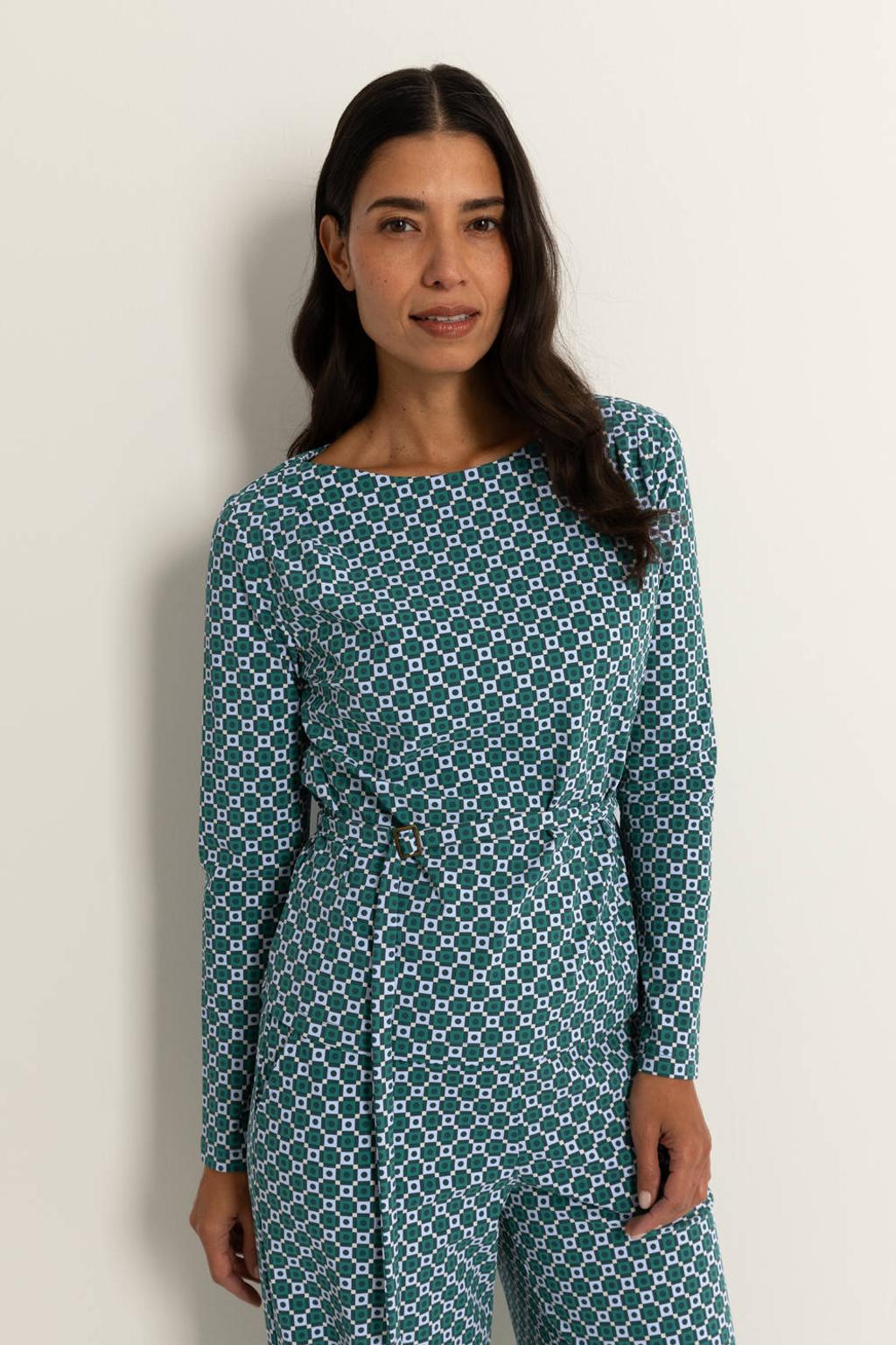 Turquoise dames CLAUDIA BY CLAUDIA STRÄTER top van polyamide met lange mouwen, boothals en ceintuur