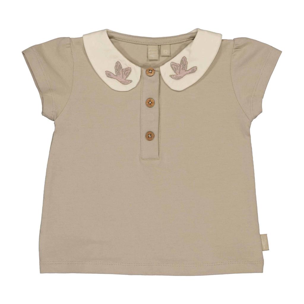 Bruine meisjes LEVV Newborn T-shirt van katoen met effen, korte mouwen, peter pan-kraag en knoopsluiting