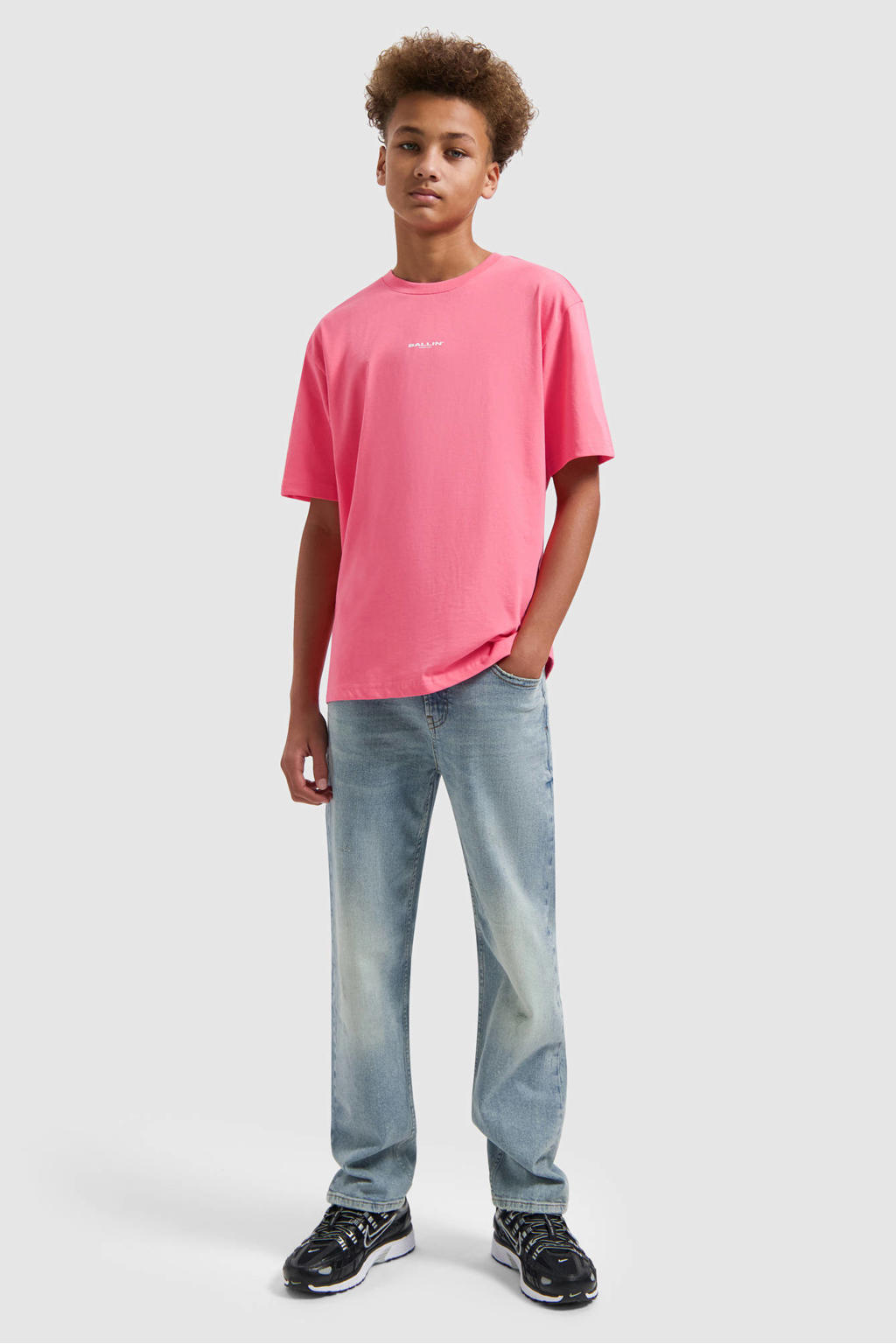 Roze jongens Ballin T-shirt van katoen met backprint, korte mouwen en ronde hals