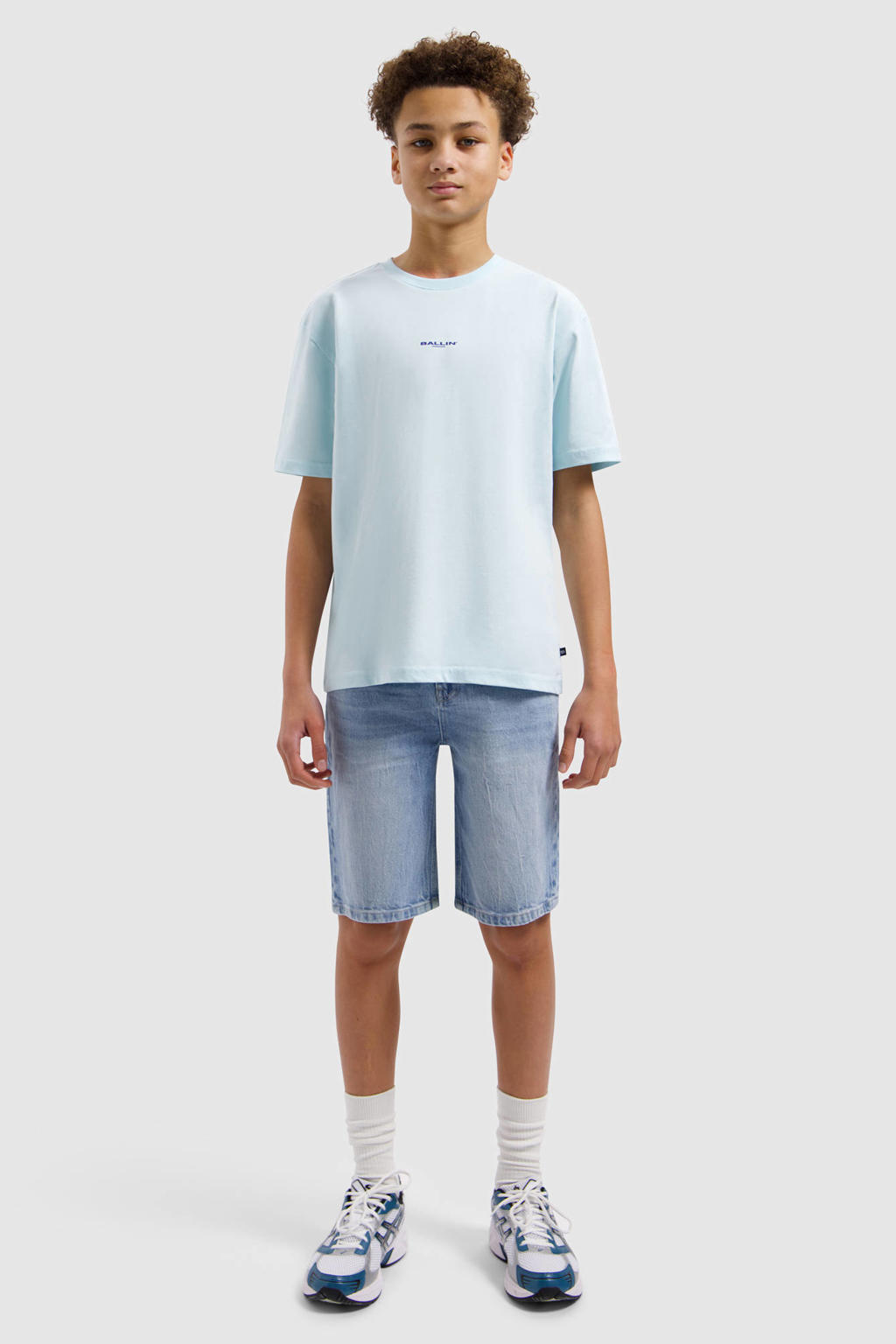 Lichtblauwe jongens Ballin T-shirt van katoen met backprint, korte mouwen en ronde hals