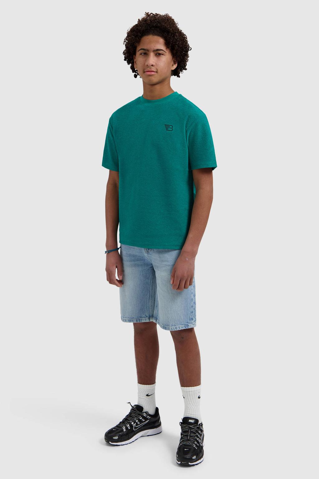 Groene jongens Ballin T-shirt van katoen met effen, korte mouwen en ronde hals