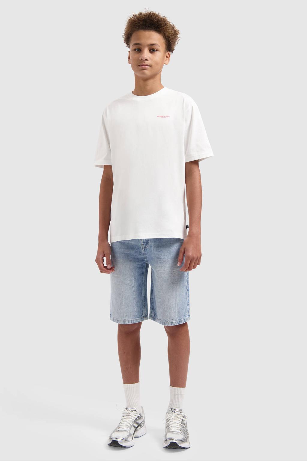 Medium blue denim jongens Ballin regular waist short van stretchkatoen met loose fit, rits- en knoopsluiting en effen