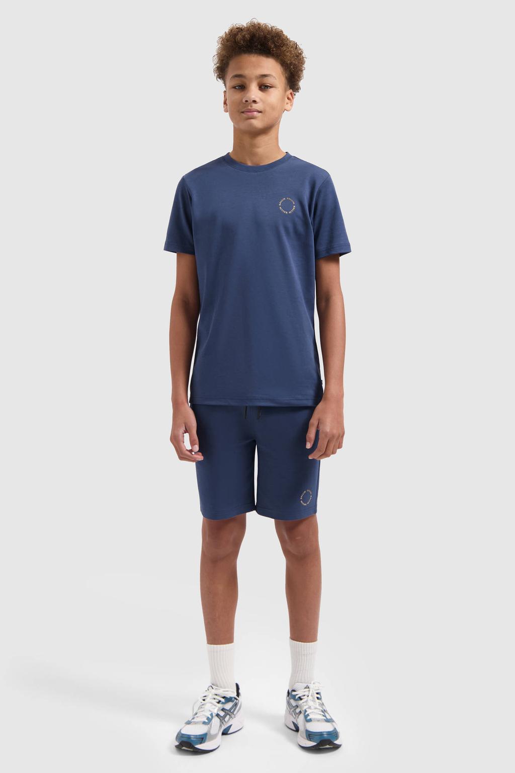 Donkerblauwe jongens Ballin T-shirt van katoen met effen, korte mouwen en ronde hals