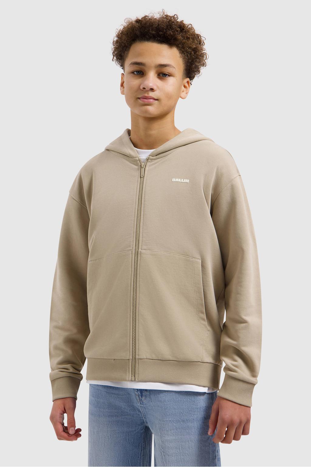 Beige jongens Ballin sweatvest met effen, lange mouwen, capuchon en ritssluiting