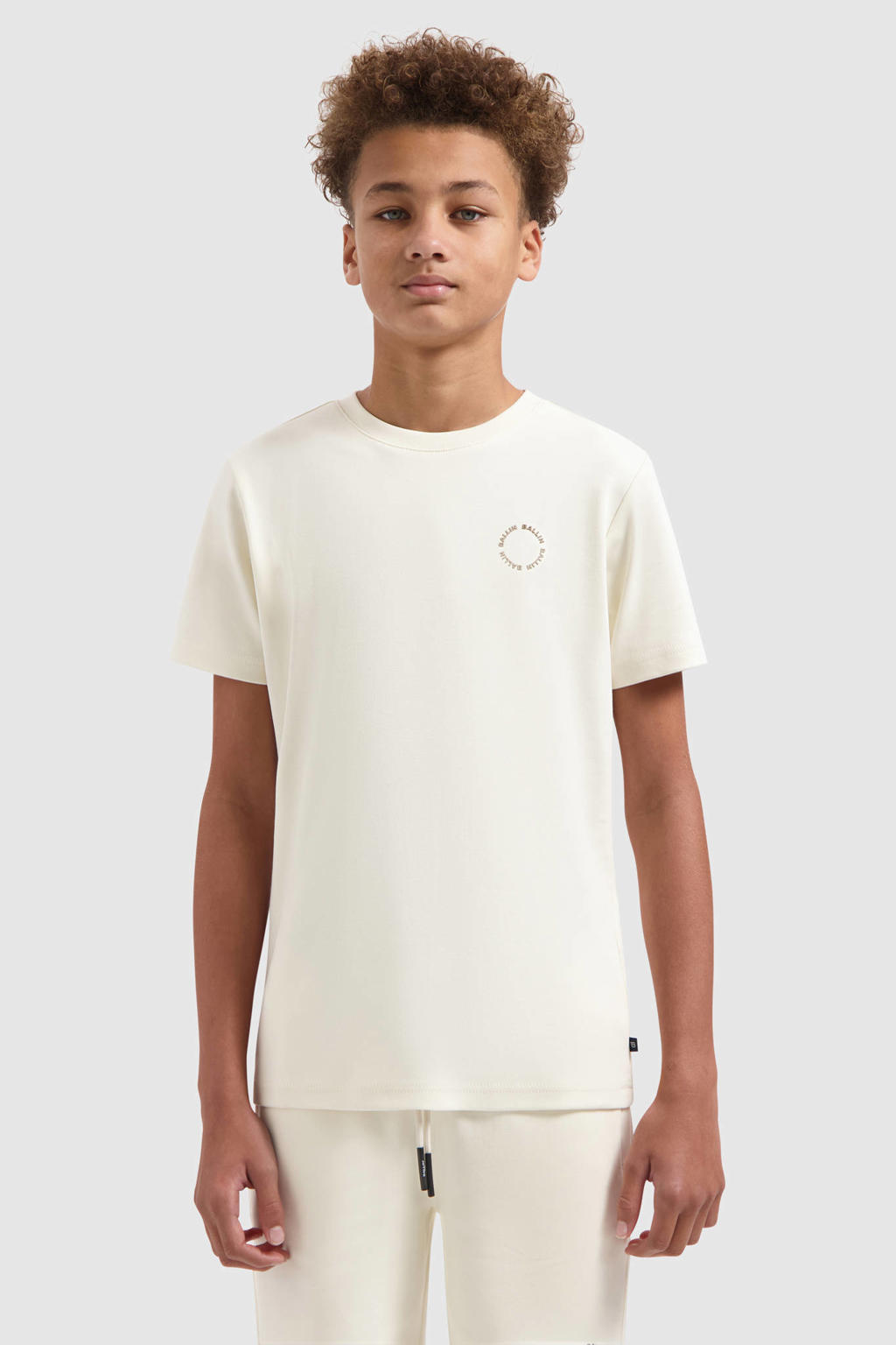 Ecru jongens Ballin T-shirt van katoen met effen, korte mouwen en ronde hals