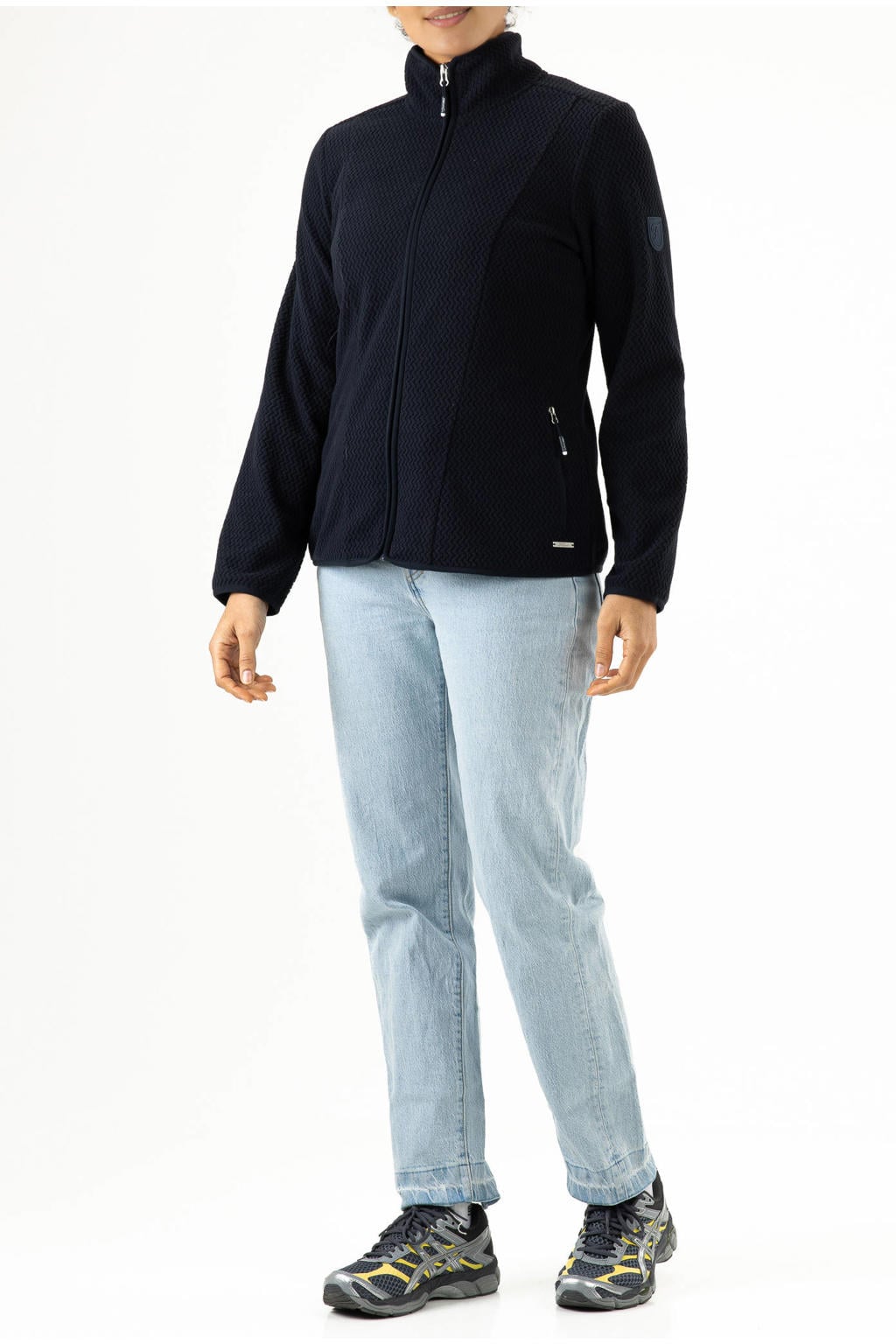 Donkerblauwe dames Falcon fleece vest Lotta met lange mouwen, capuchon en ritssluiting