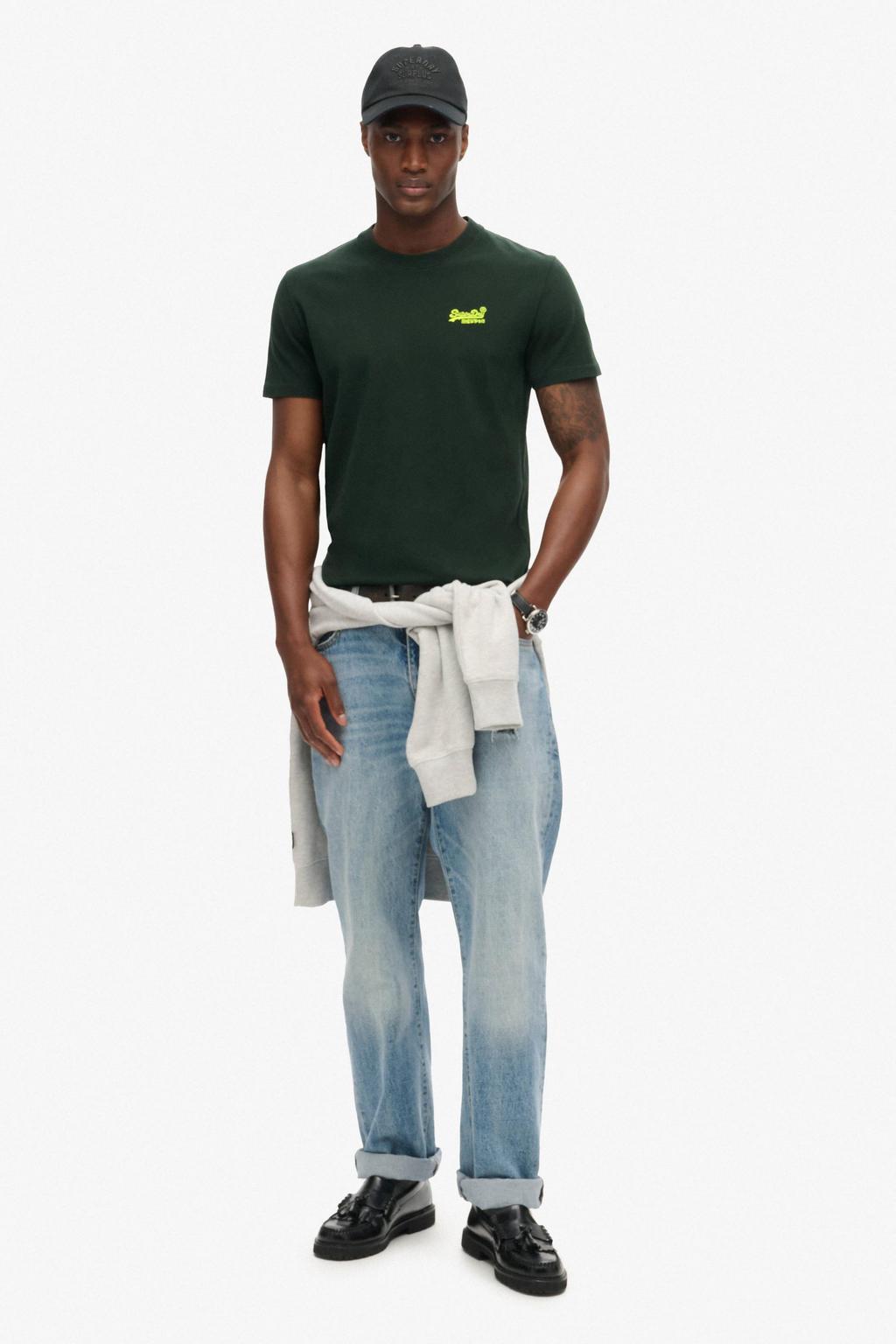 Donkergroene heren Superdry slim T-shirt van katoen met effen, korte mouwen en ronde hals
