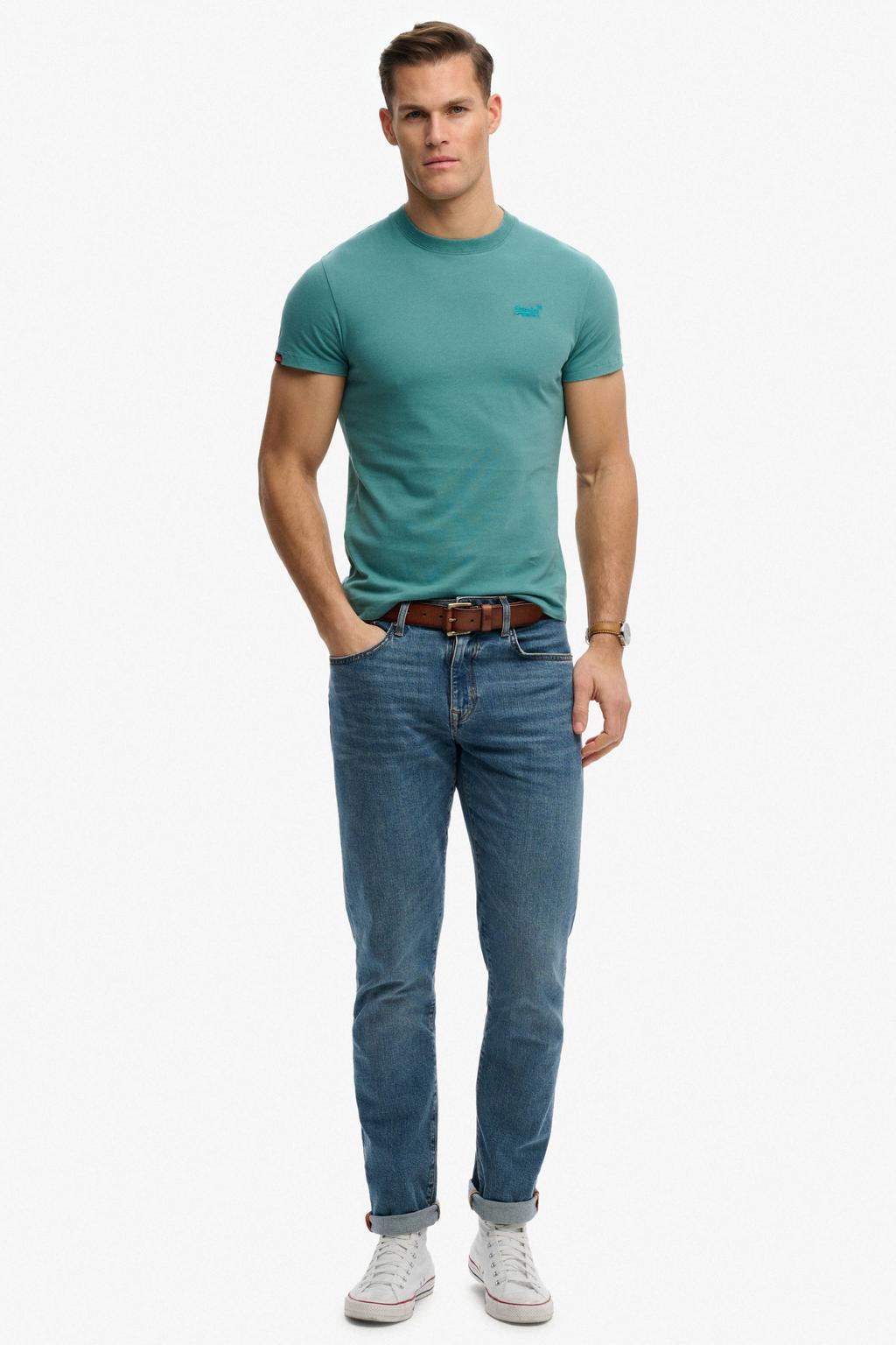 Petrolkleurige heren Superdry slim T-shirt van katoen met effen, korte mouwen en ronde hals