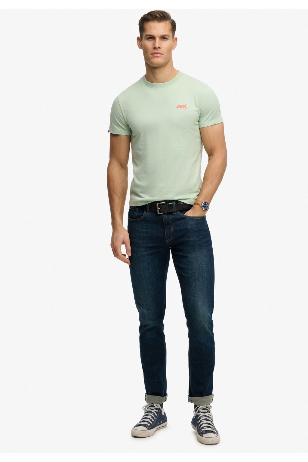 Mintgroene heren Superdry slim T-shirt van katoen met effen, korte mouwen en ronde hals