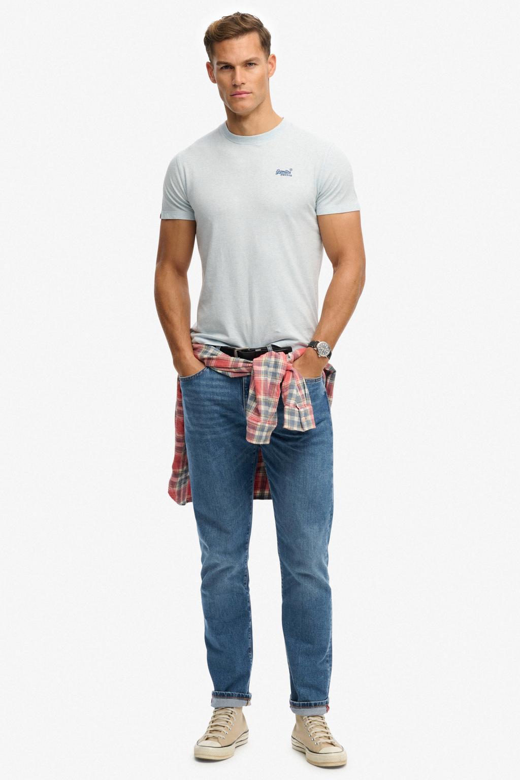 Lichtblauwe heren Superdry slim T-shirt van katoen met melée print, korte mouwen en ronde hals