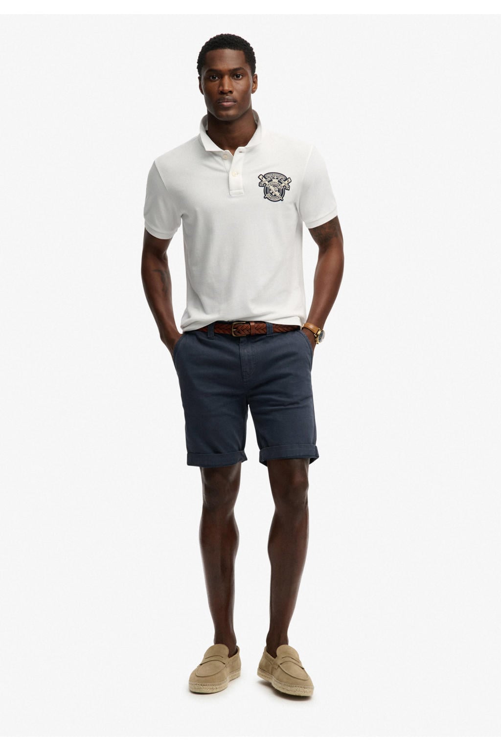 Witte heren Superdry relaxed polo van katoen met effen, korte mouwen, knoopsluiting en pique