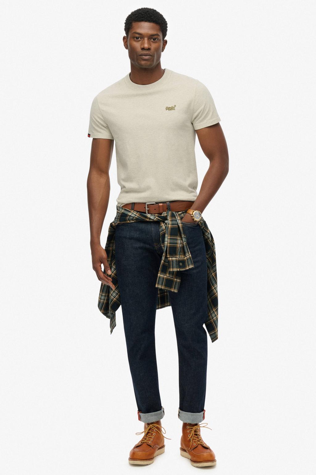 Lichtgrijze heren Superdry slim T-shirt van katoen met melée print, korte mouwen en ronde hals
