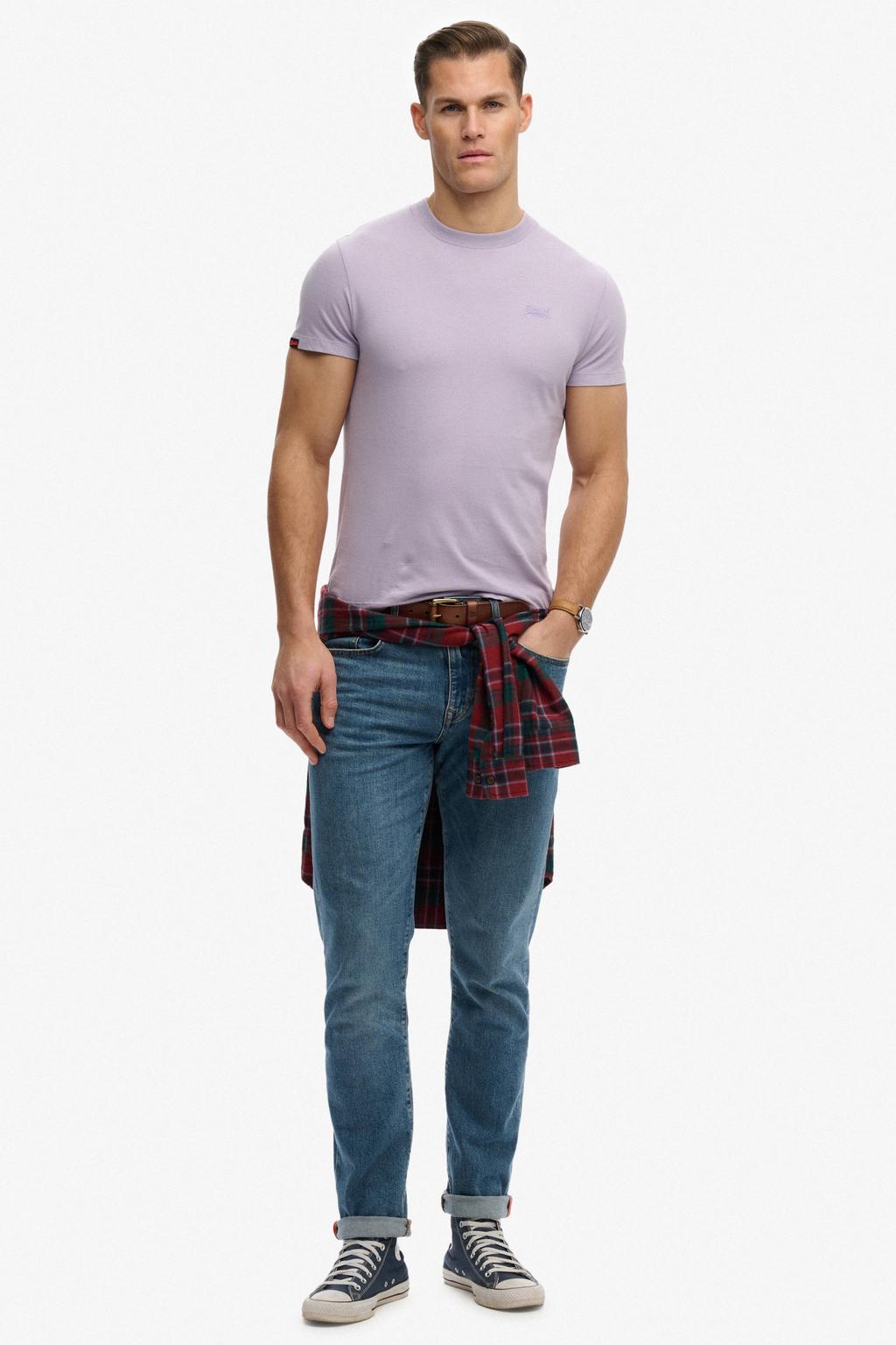 Lilakleurige heren Superdry slim T-shirt van katoen met effen, korte mouwen en ronde hals