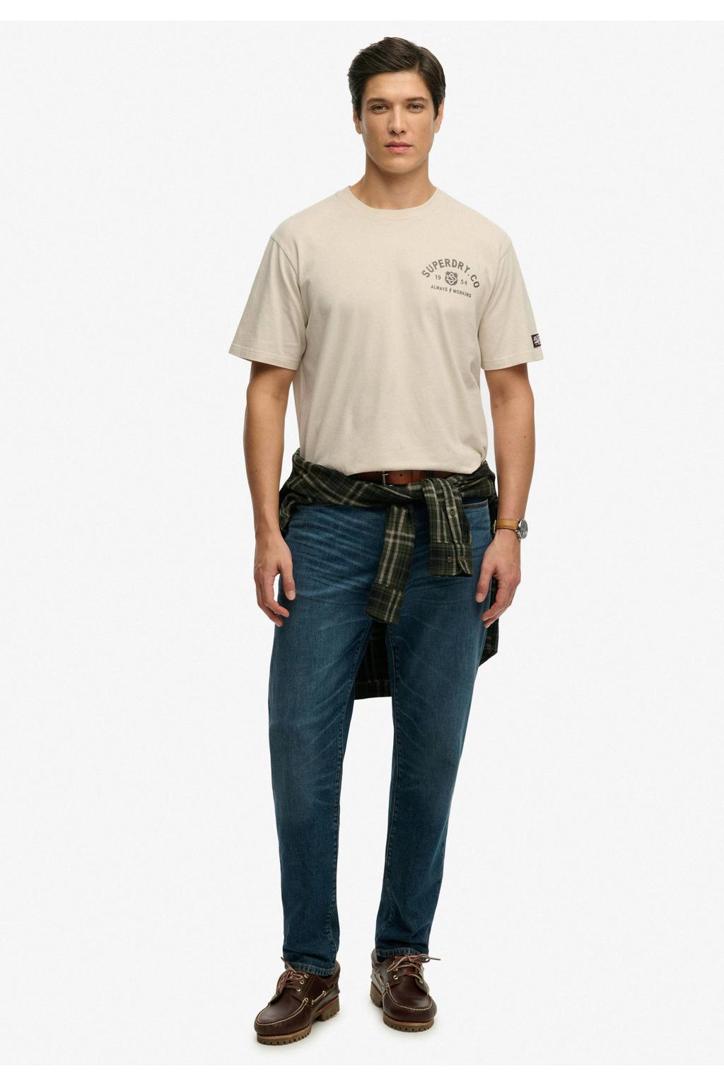 Beige heren Superdry oversized T-shirt van katoen met backprint, korte mouwen en ronde hals