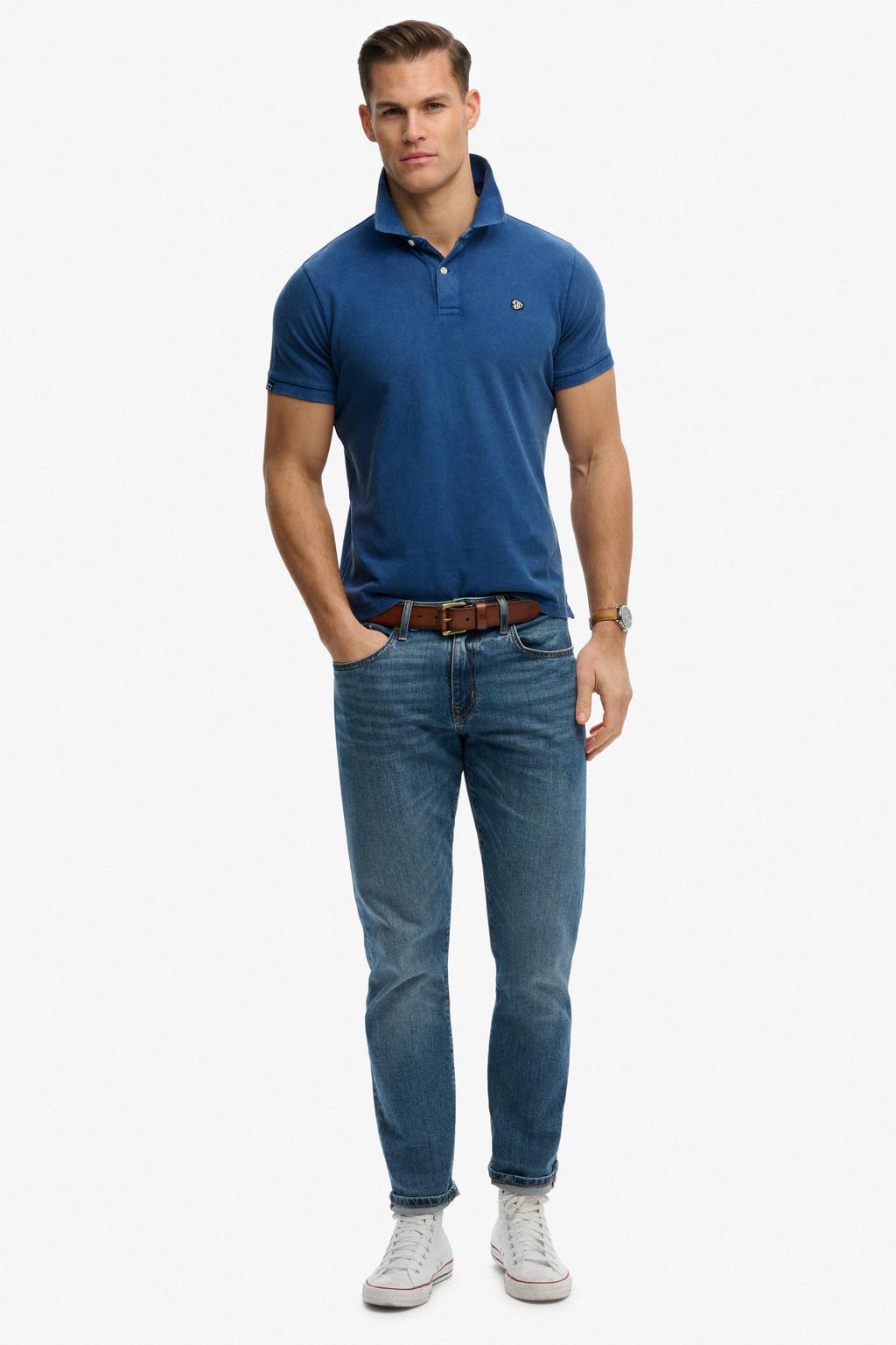 Blauwe heren Superdry relaxed polo van katoen met effen, korte mouwen, knoopsluiting en pique