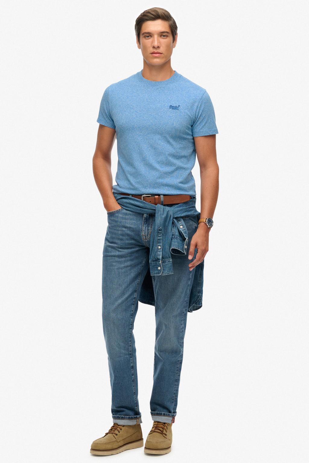 Blauwe heren Superdry slim T-shirt van katoen met effen, korte mouwen en ronde hals