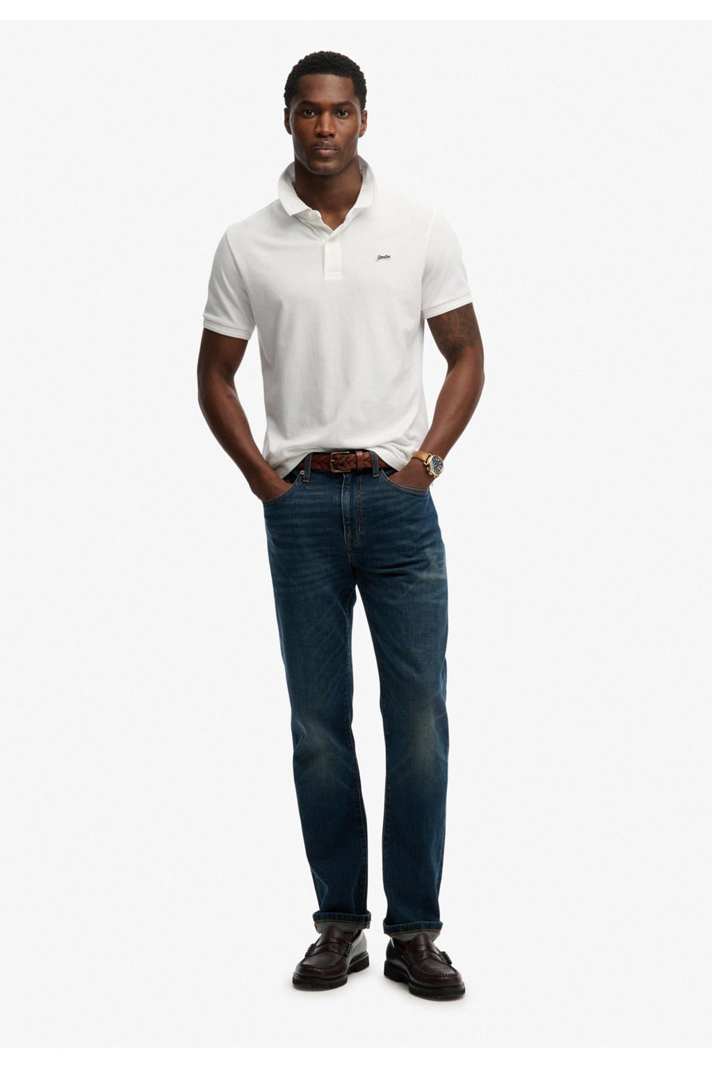 Witte heren Superdry regular polo van katoen met effen, korte mouwen, knoopsluiting en pique