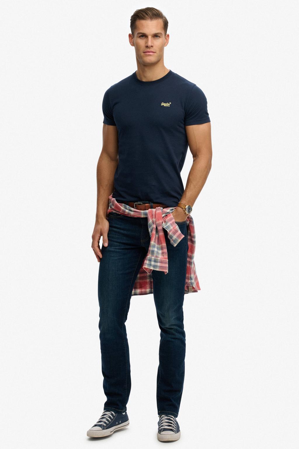 Donkerblauwe heren Superdry slim T-shirt van katoen met effen, korte mouwen en ronde hals