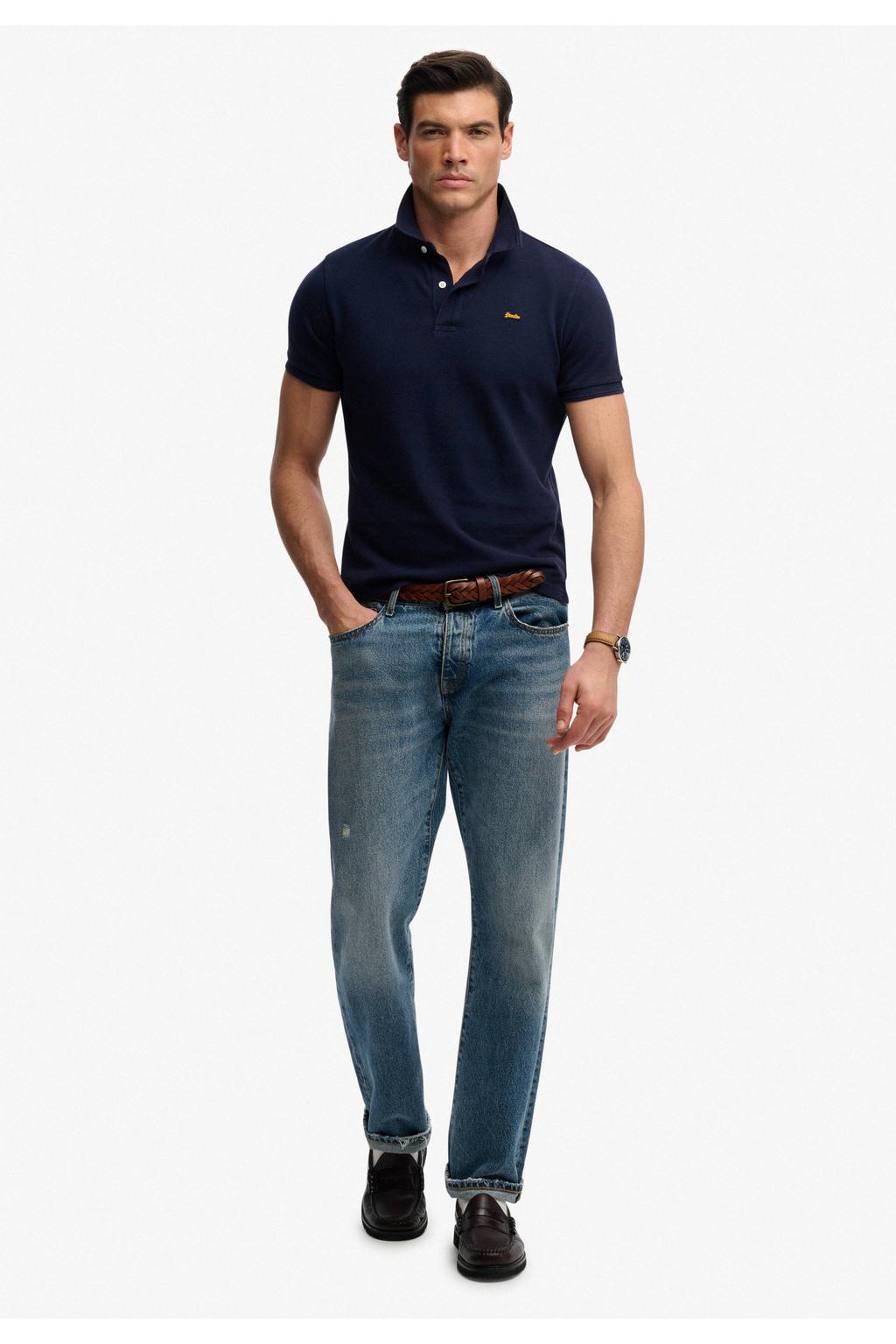 Donkerblauwe heren Superdry regular polo van katoen met effen, korte mouwen, knoopsluiting en pique