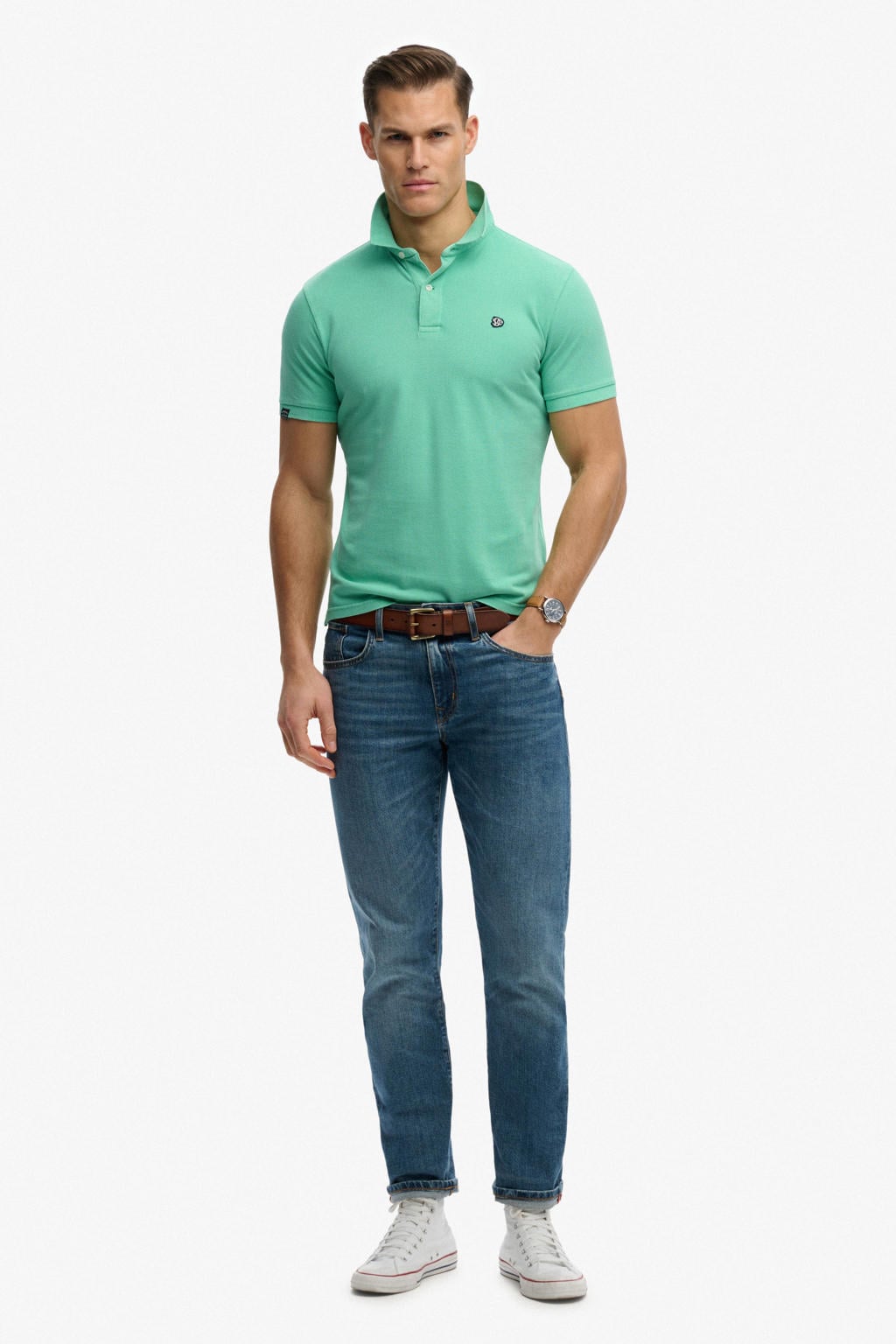 Groene heren Superdry relaxed polo van katoen met effen, korte mouwen, knoopsluiting en pique