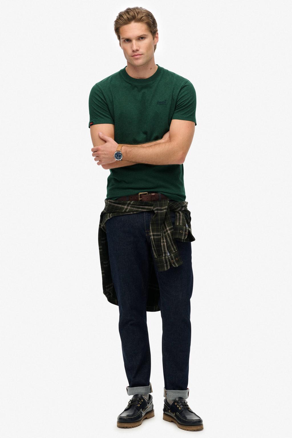 Donkergroene heren Superdry slim T-shirt van katoen met effen, korte mouwen en ronde hals