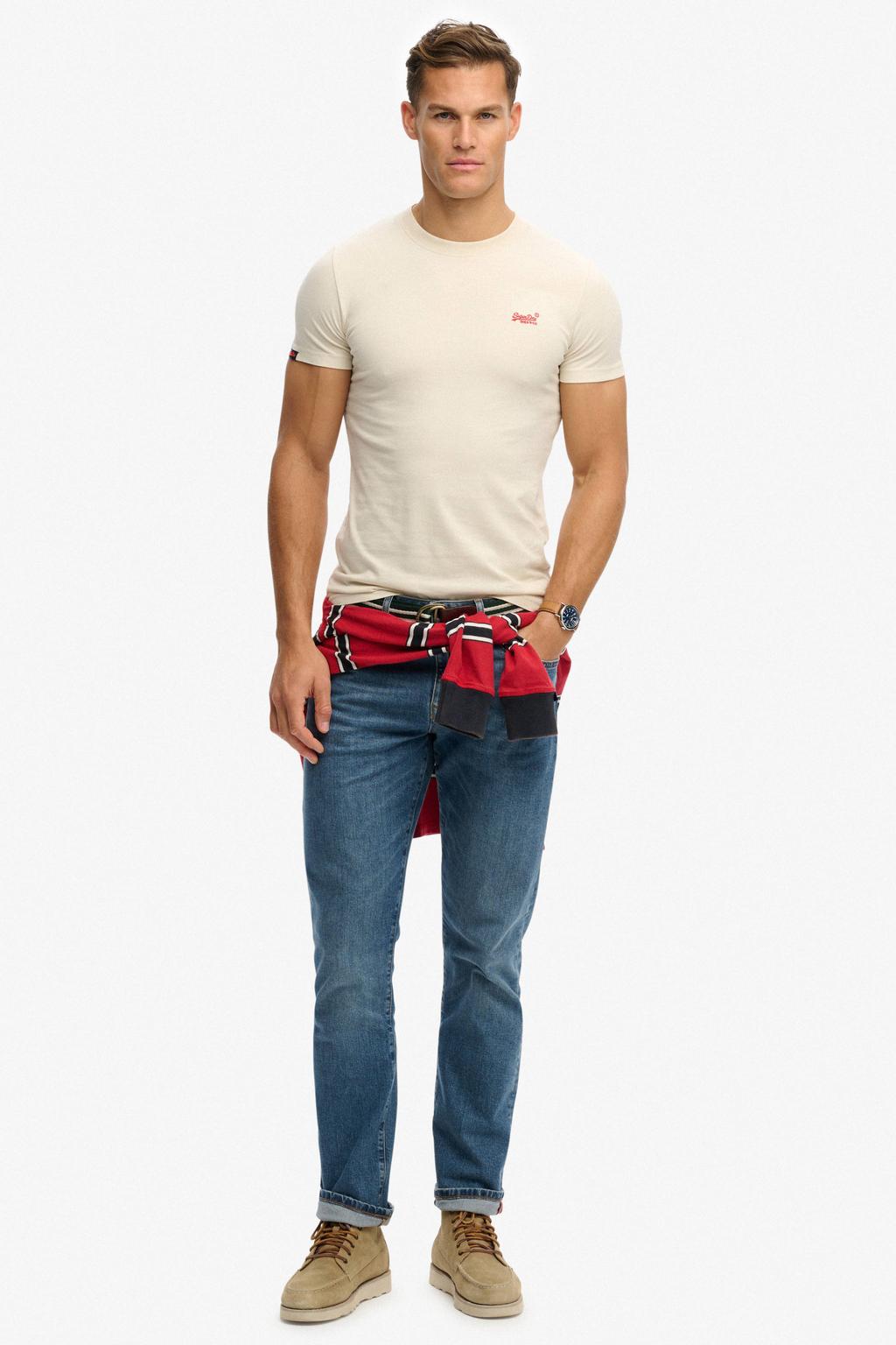 Ecru heren Superdry slim T-shirt van katoen met effen, korte mouwen en ronde hals