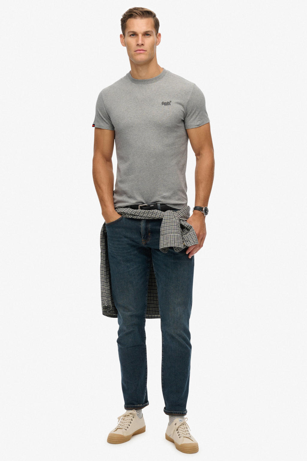 Grijze heren Superdry slim T-shirt van katoen met melée print, korte mouwen en ronde hals