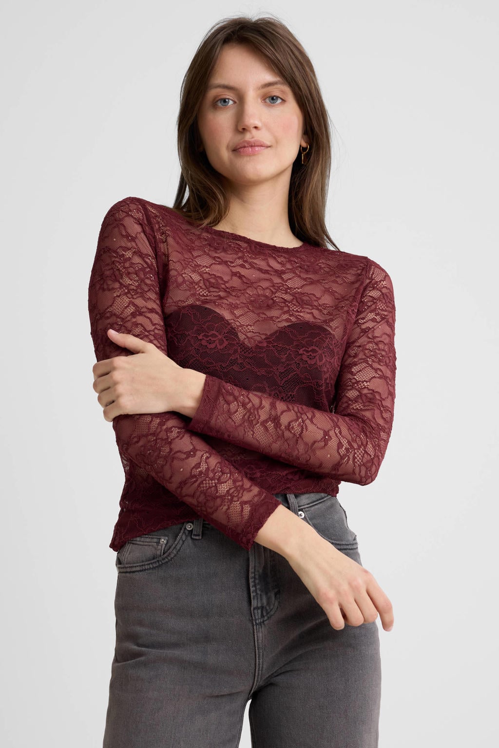 Donkerrode dames Anytime kanten top rood van polyamide met bloemenprint, lange mouwen en ingebreide details