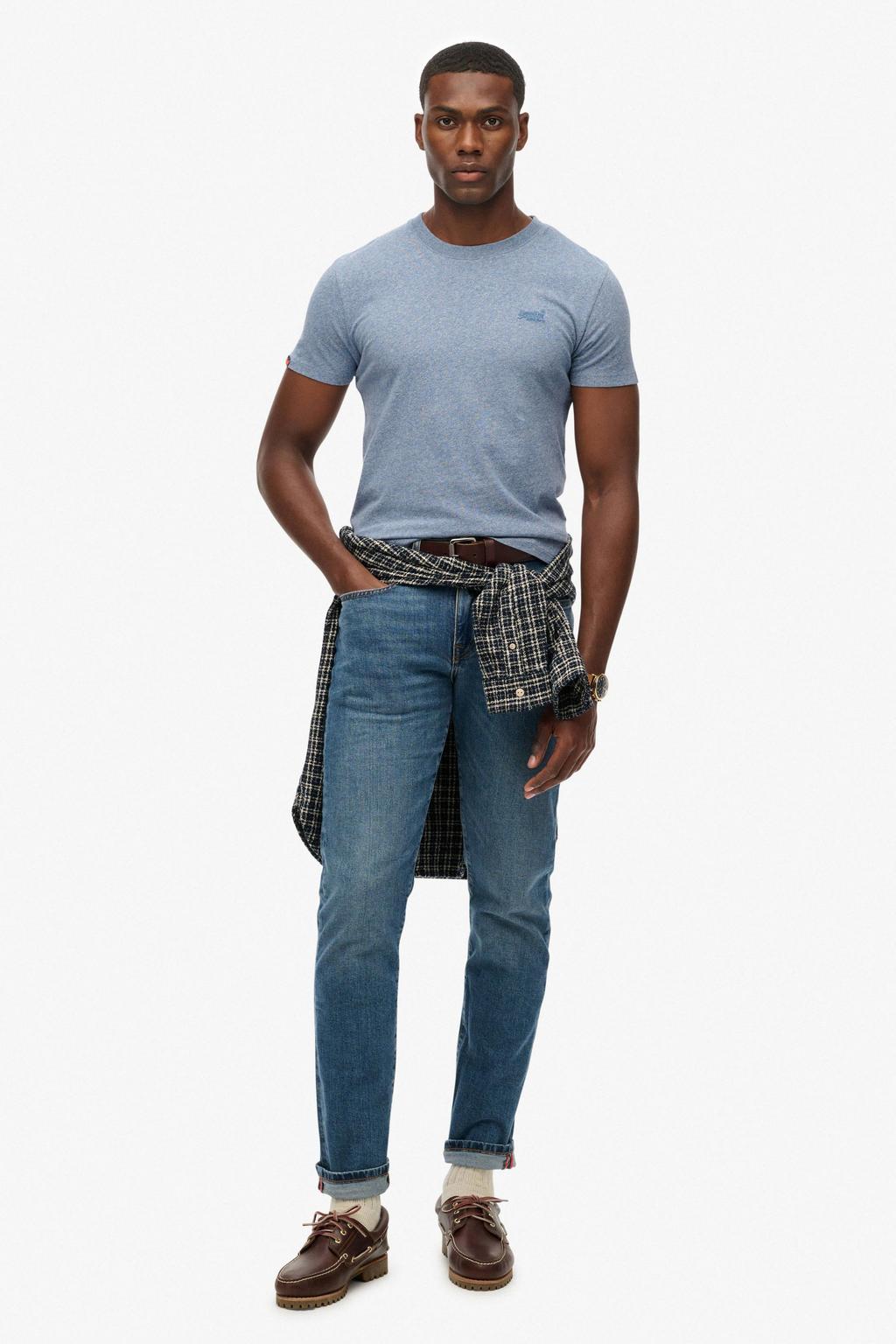 Blauwe heren Superdry slim T-shirt van katoen met melée print, korte mouwen en ronde hals