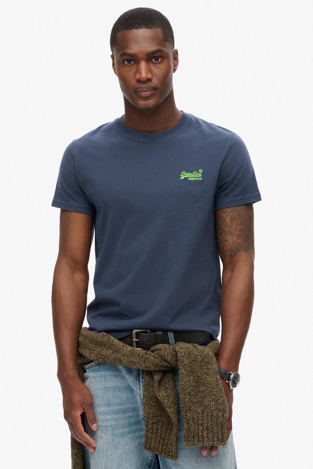 Blauw en limegroene heren Superdry slim T-shirt van katoen met effen, korte mouwen en ronde hals
