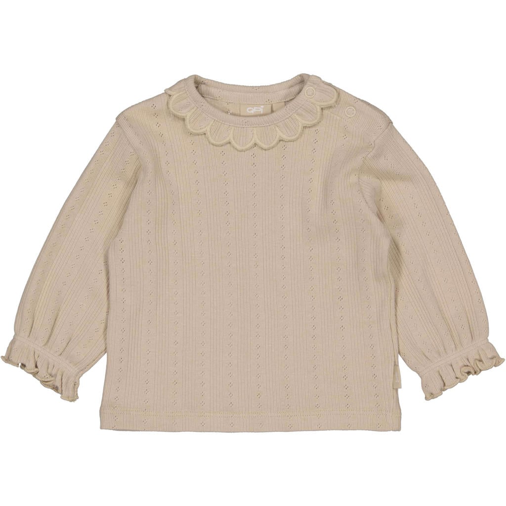 Lichtbruine meisjes QPI Newborn longsleeve ajour van katoen met effen, lange mouwen, ronde hals en drukknoopsluiting
