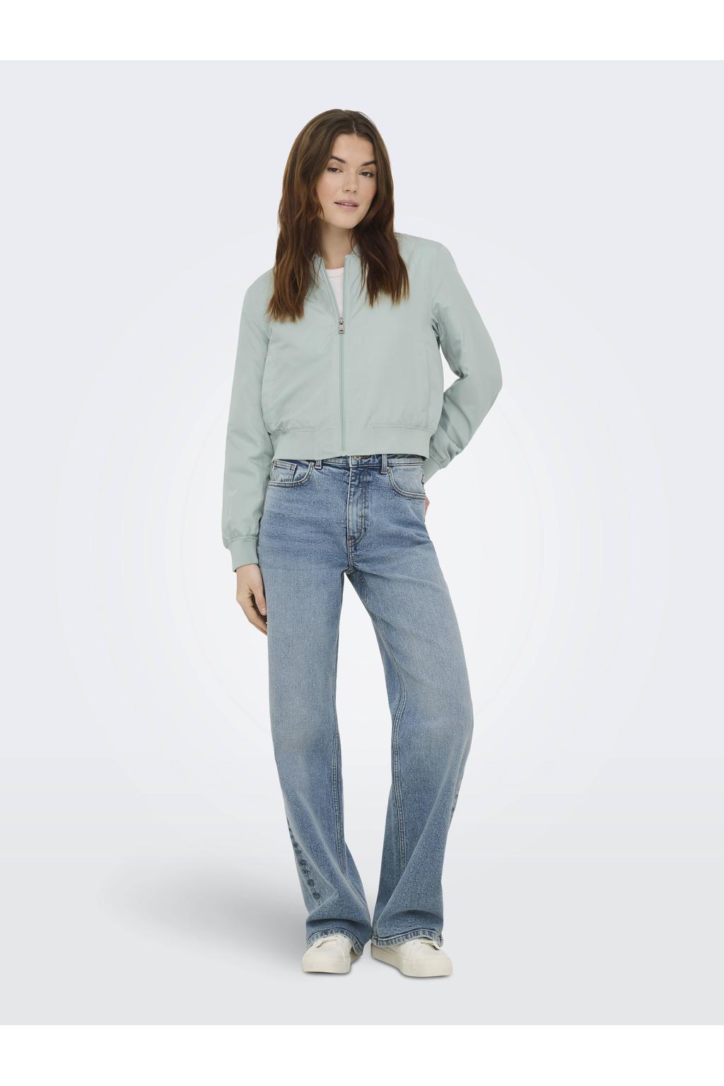 Lichtgroene dames ONLY bomberjack van polyester met effen, lange mouwen, mao kraag, ritssluiting en geribde boorden