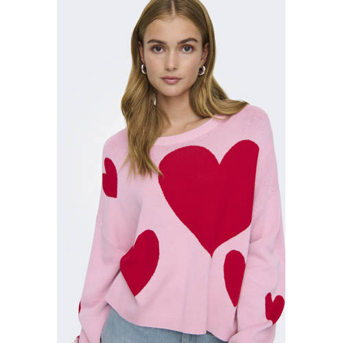 ONLY trui met hartjes roze gebreid afbeelding