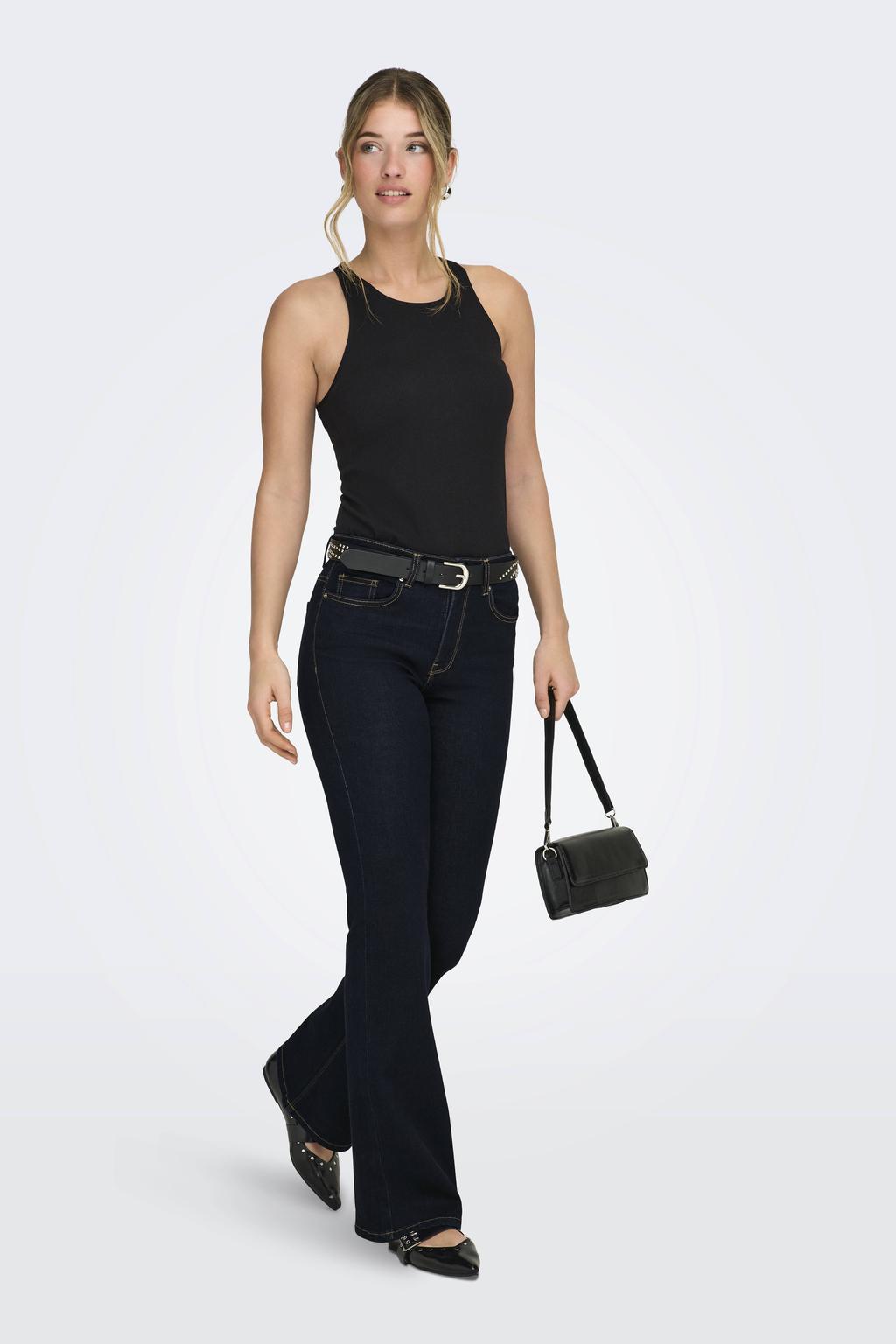 Dark blue denim dames ONLY high waist flared jeans dark blue van denim met rits- en knoopsluiting en effen
