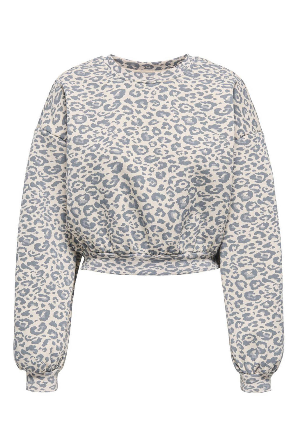 Ecru en zwarte dames ONLY cropped trui van katoen met panterprint, lange mouwen en ronde hals