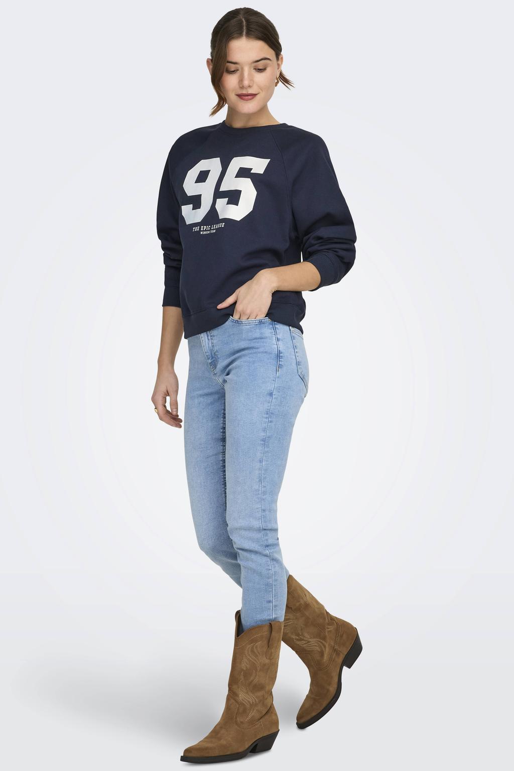Blauw en witte dames ONLY sweater van katoen met tekst print, lange mouwen en ronde hals