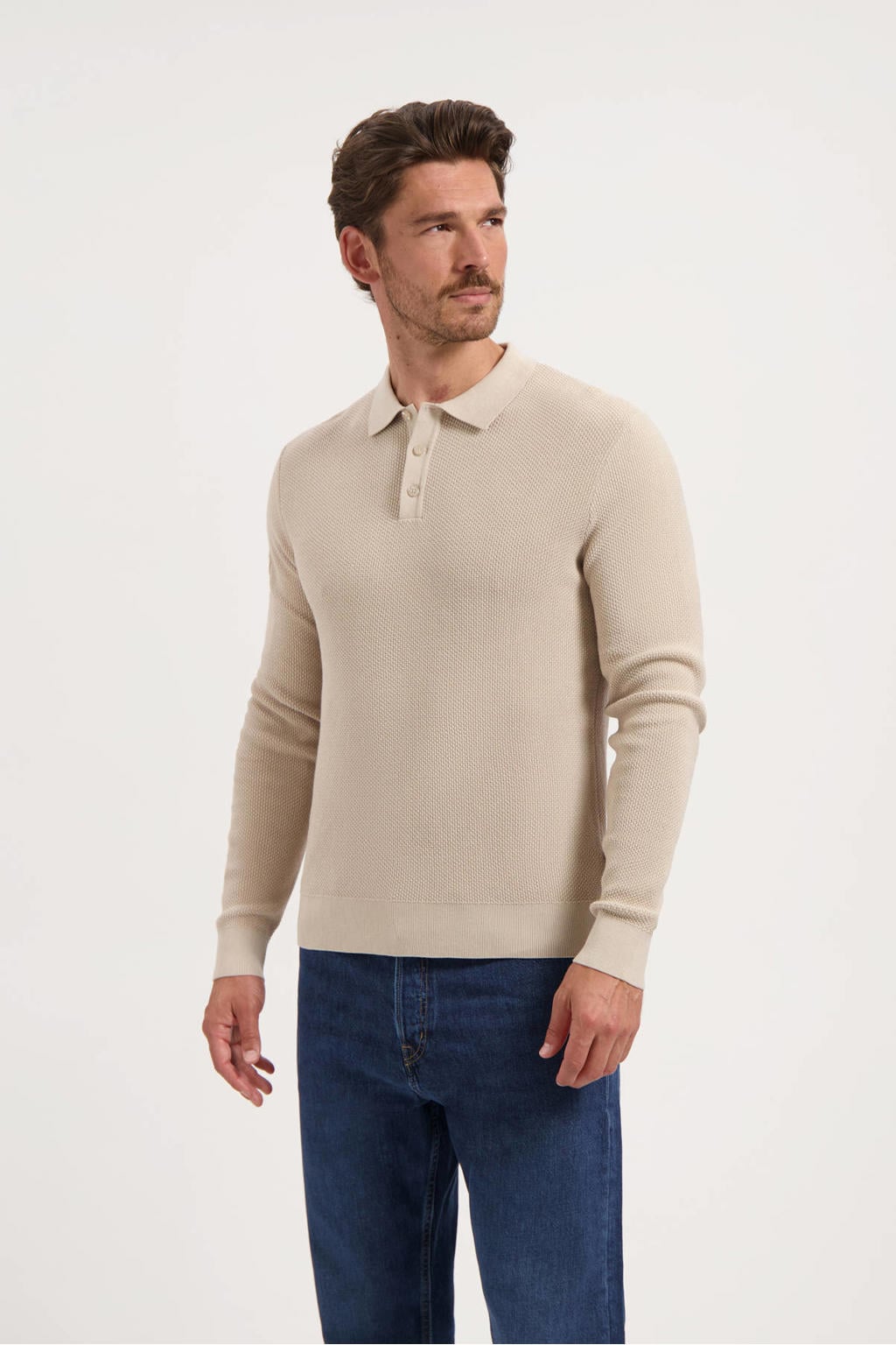 Beige heren Saint Steve regular polo patroon met effen en lange mouwen