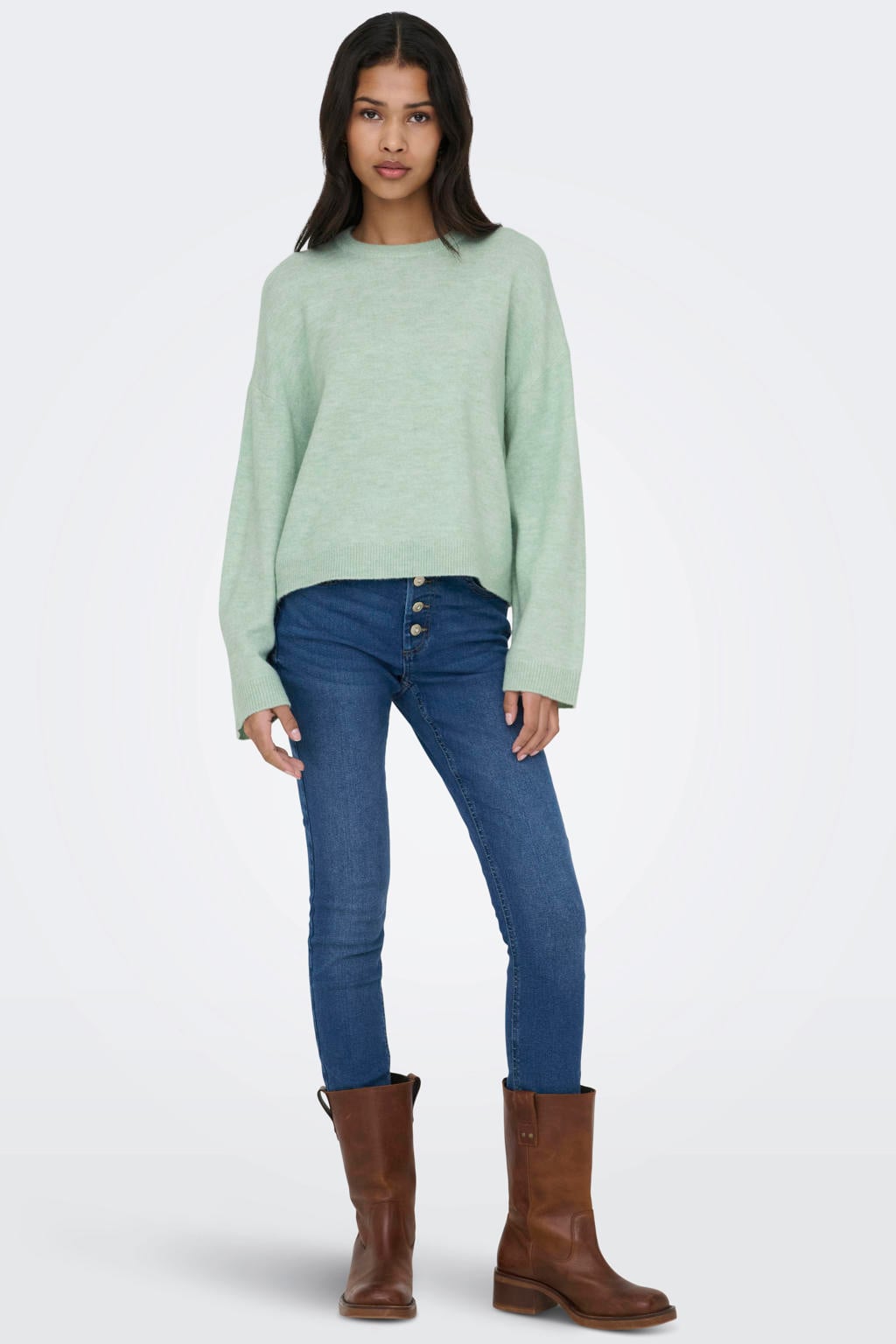 Lichtgroene dames ONLY trui gebreid van acryl met effen, lange mouwen en ronde hals