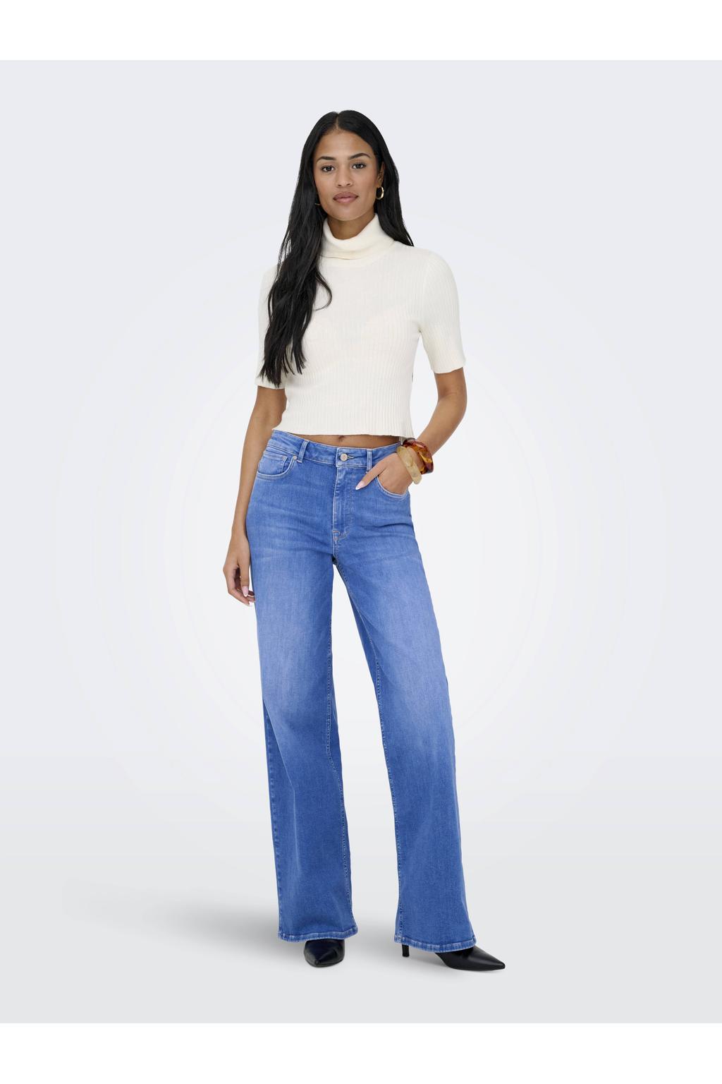 Medium blue denim dames ONLY high waist wide leg jeans van denim met rits- en knoopsluiting en effen